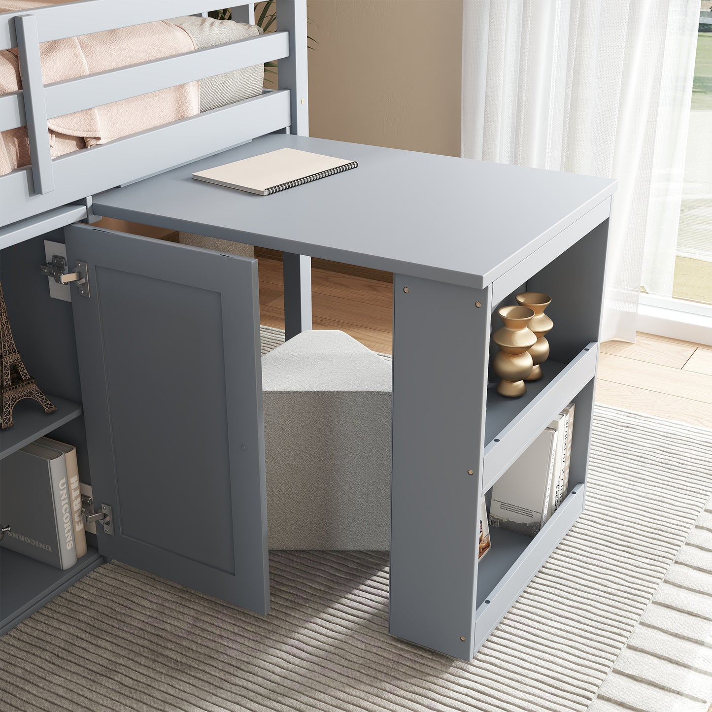 Twin Loft Bed with Storage Cabinet, Drawer and Shelf Cabinet and Pulling-Out Desk, Rubber Wood Loft Bed with Safety Guardrail, Ladder,Grey