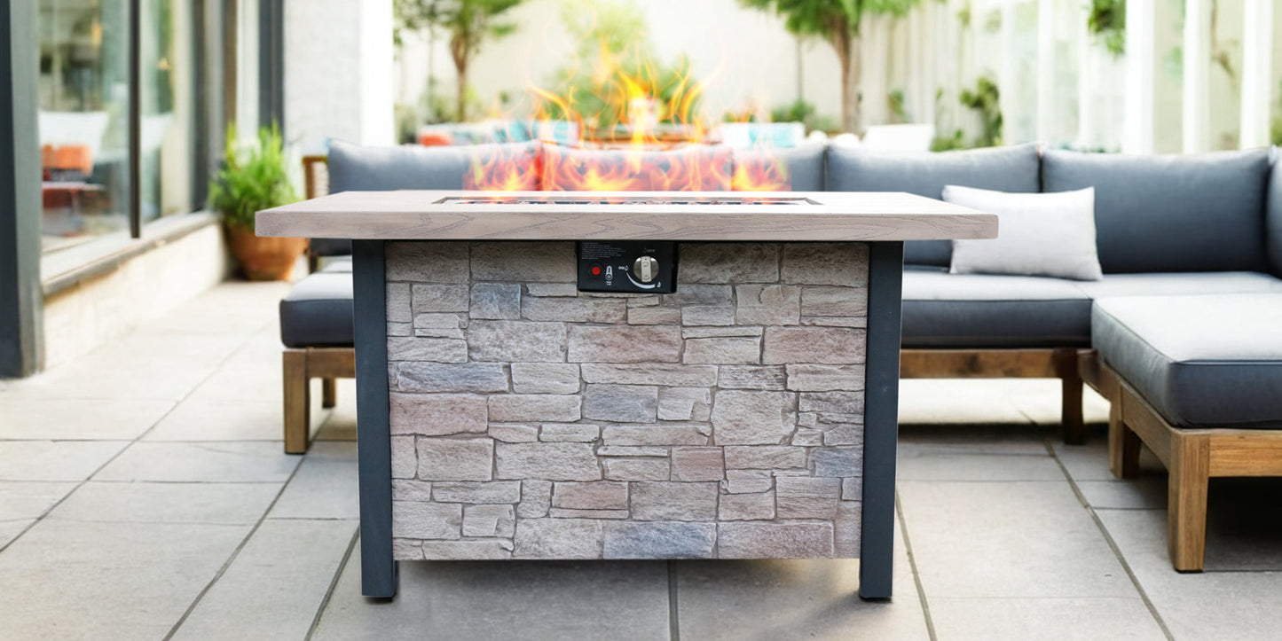 44" W x 25" H Outdoor Patio Propane Gas Fire Pit Table - 50,000 BTU High-temperature-resistant carving process for environmentally friendly materials with the effect of cultured stone