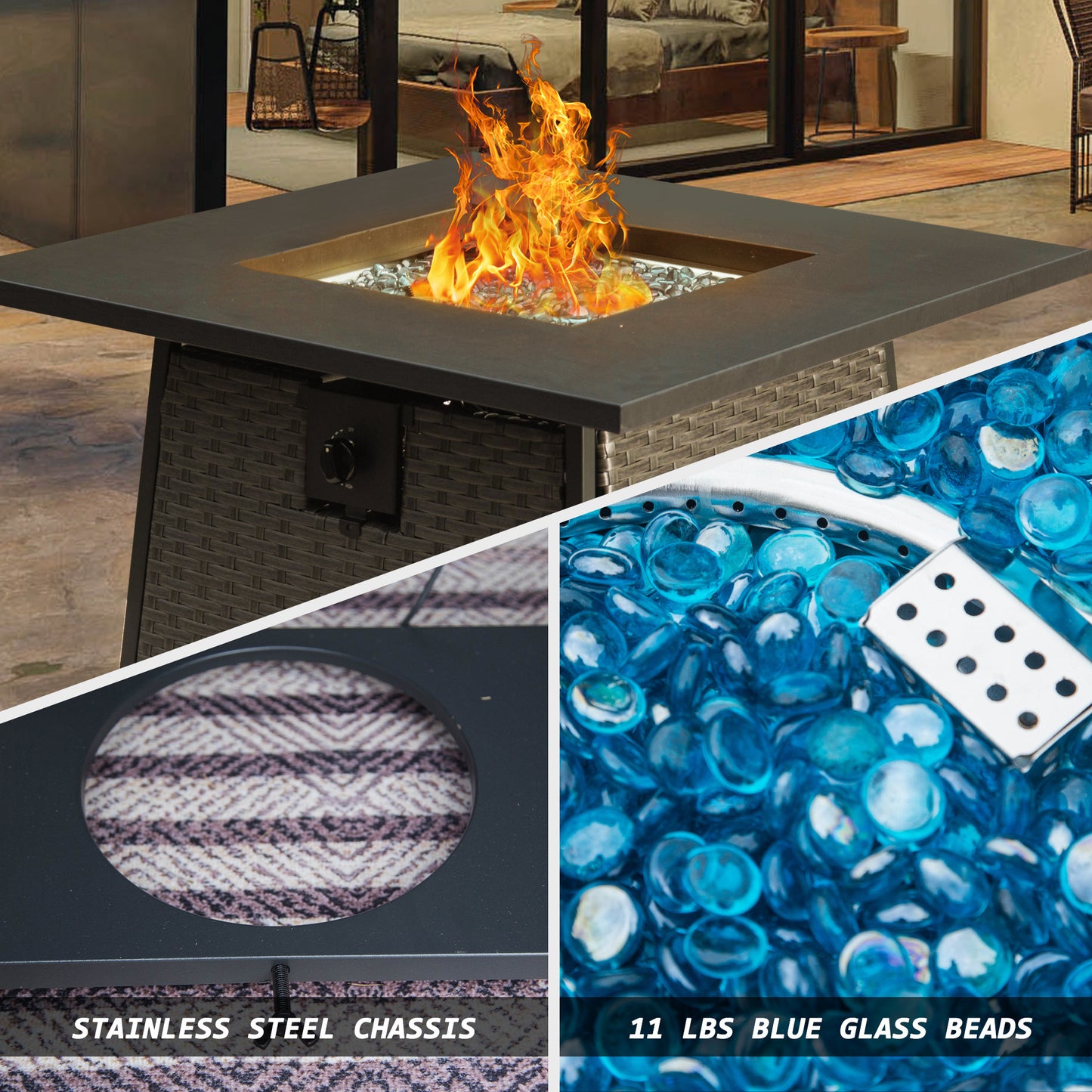 32 Inch Propane Fire Pits Table with Blue Glass Ball,50,000 BTU Outdoor Wicker Fire Table with ETL-Certified,2-in-1 Square Steel Gas Firepits (Dark Gray)