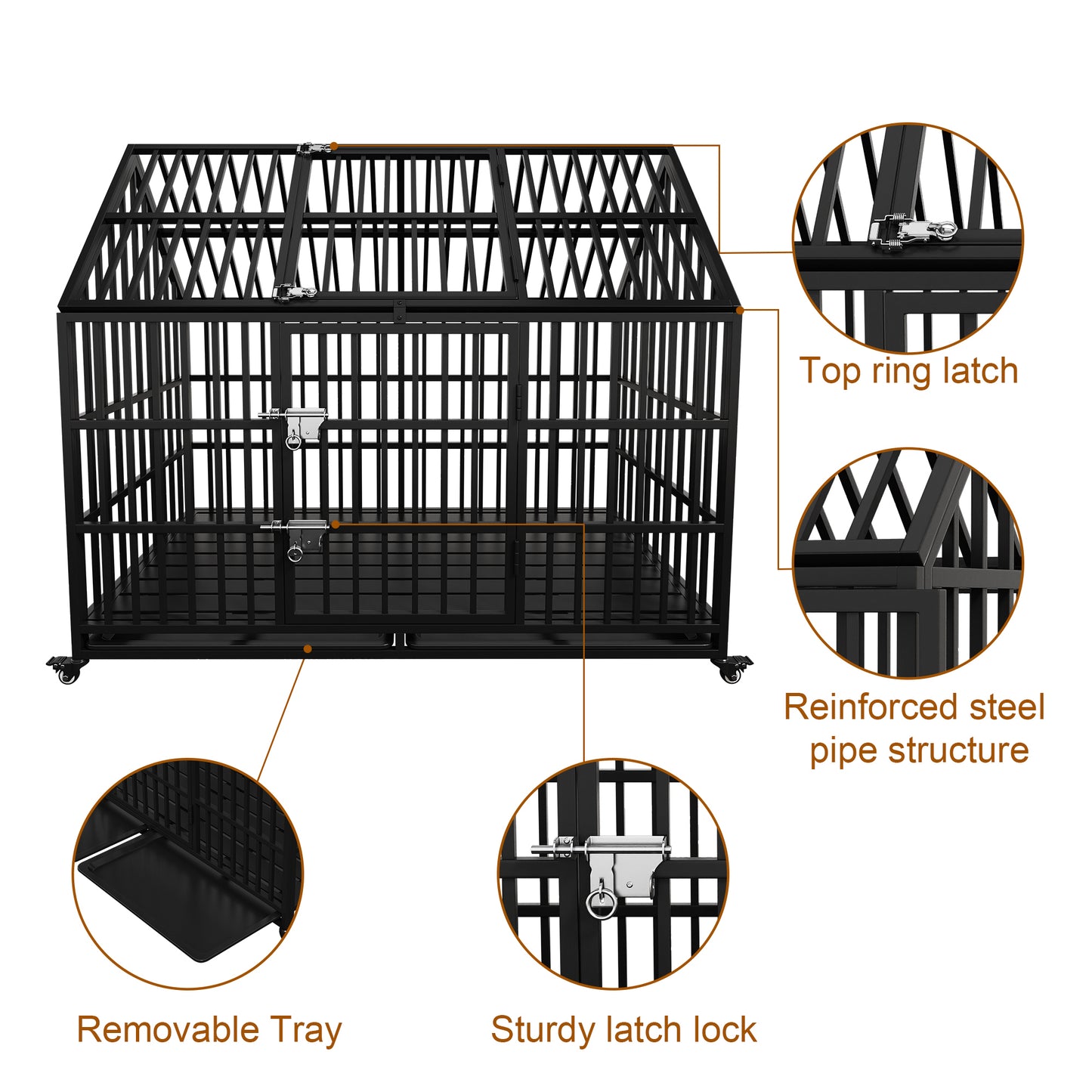 54" Heavy Duty Dog Crate Large Dog cage Strong Metal Dog Kennels and Crates for Large Dogs Top Open with 2 Doors 4 Lockable Wheels 2 Removable Trays