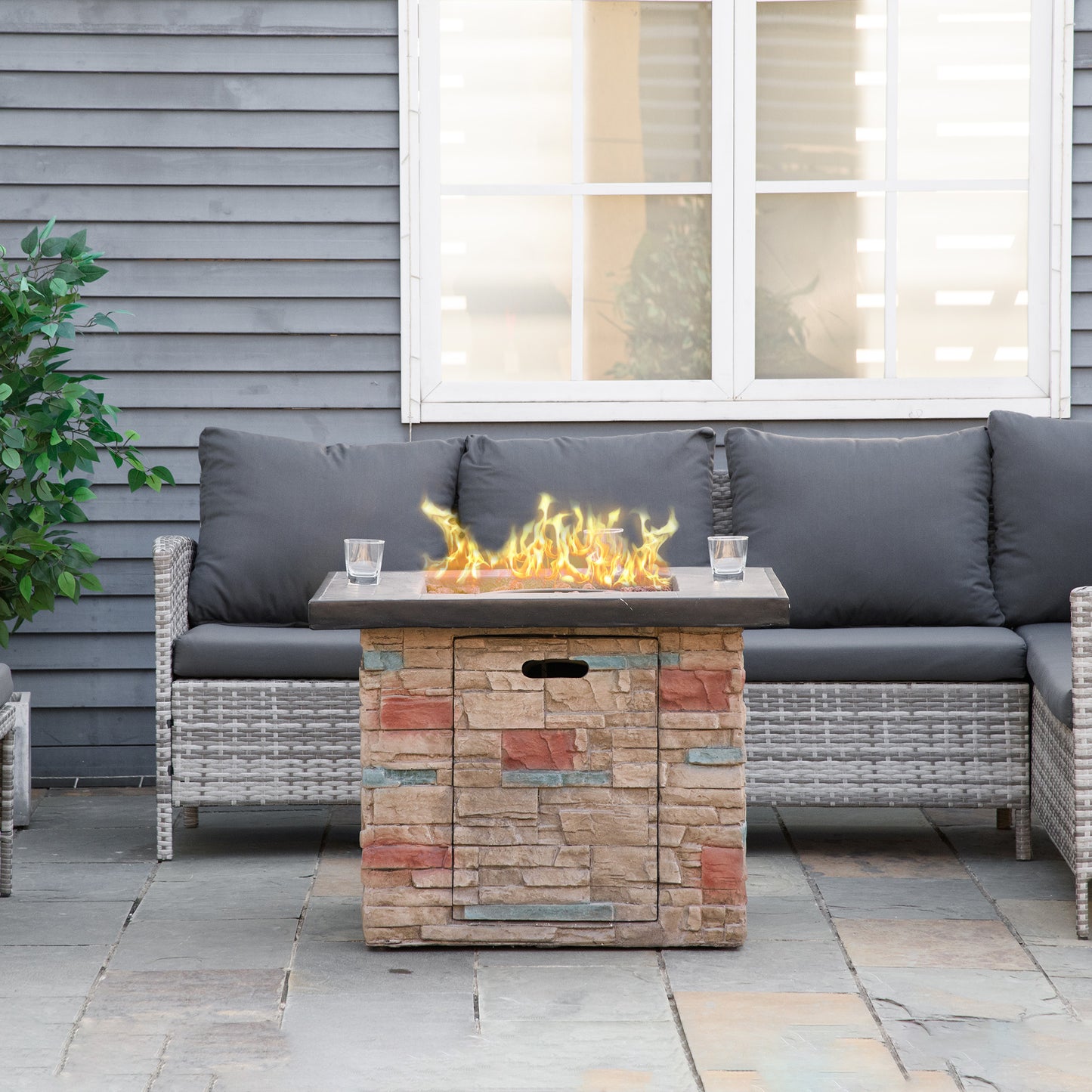 Outsunny 32 Inch Outdoor Propane Gas Fire Pit Table, 50,000 BTU Auto-Ignition Square Faux Ledge Stone Gas Firepit with Lava Rocks and Rain Cover, CSA Certification, Brown