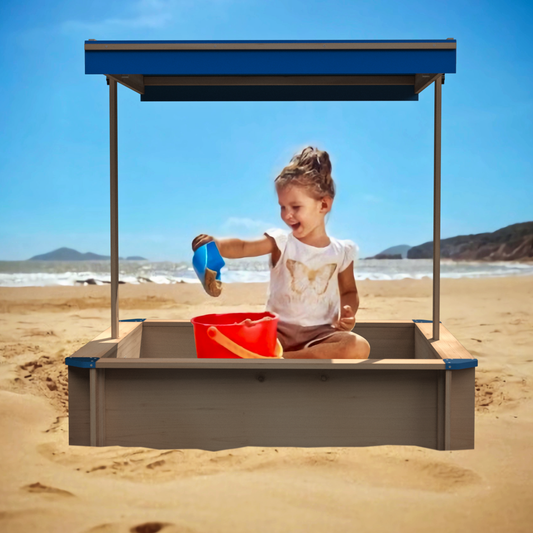 Children's Wooden Sandbox with Adjustable Canopy, Sand box with cover for Garden, Sand Pit for Kids Wood Playset Beach Patio Outdoor Backyard - Upgrade Retractable, Natural