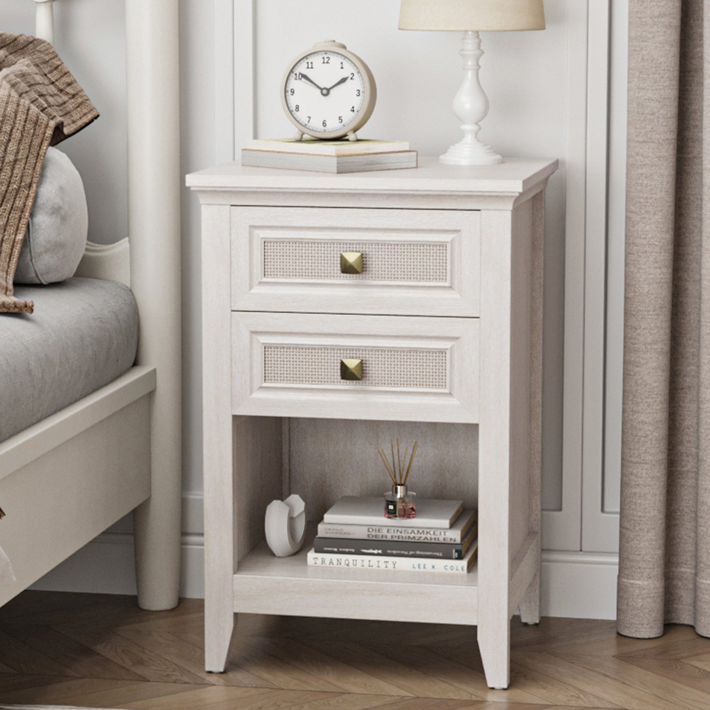 Farmhouse Nightstand, Boho Bedside Table with 2 Rattan Decor Drawers, Accent End Table with Open Storage Shelf