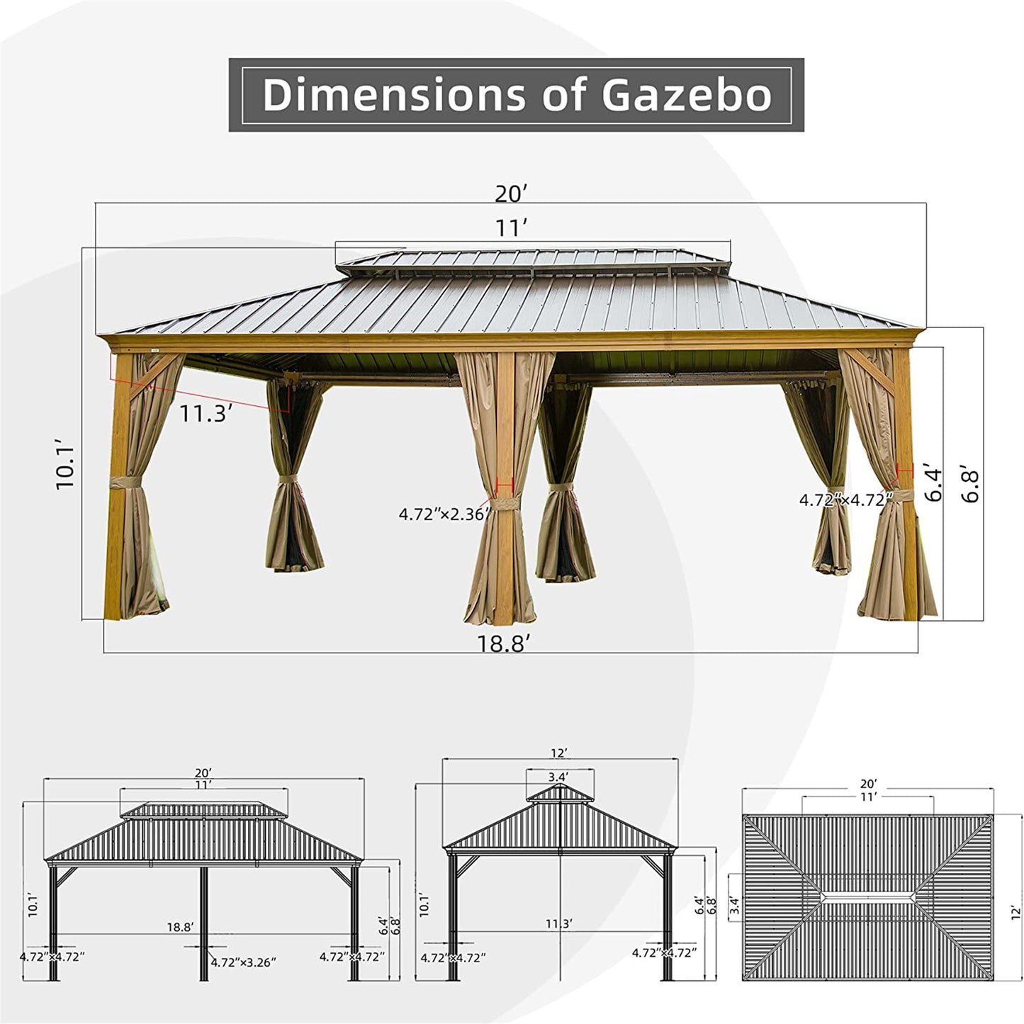 12'x20' Hardtop Gazebo Outdoor Aluminum Wood Grain Gazebos with Galvanized Steel Double Canopy for Patios Deck Backyard,Curtains&Netting (Wood-Looking)