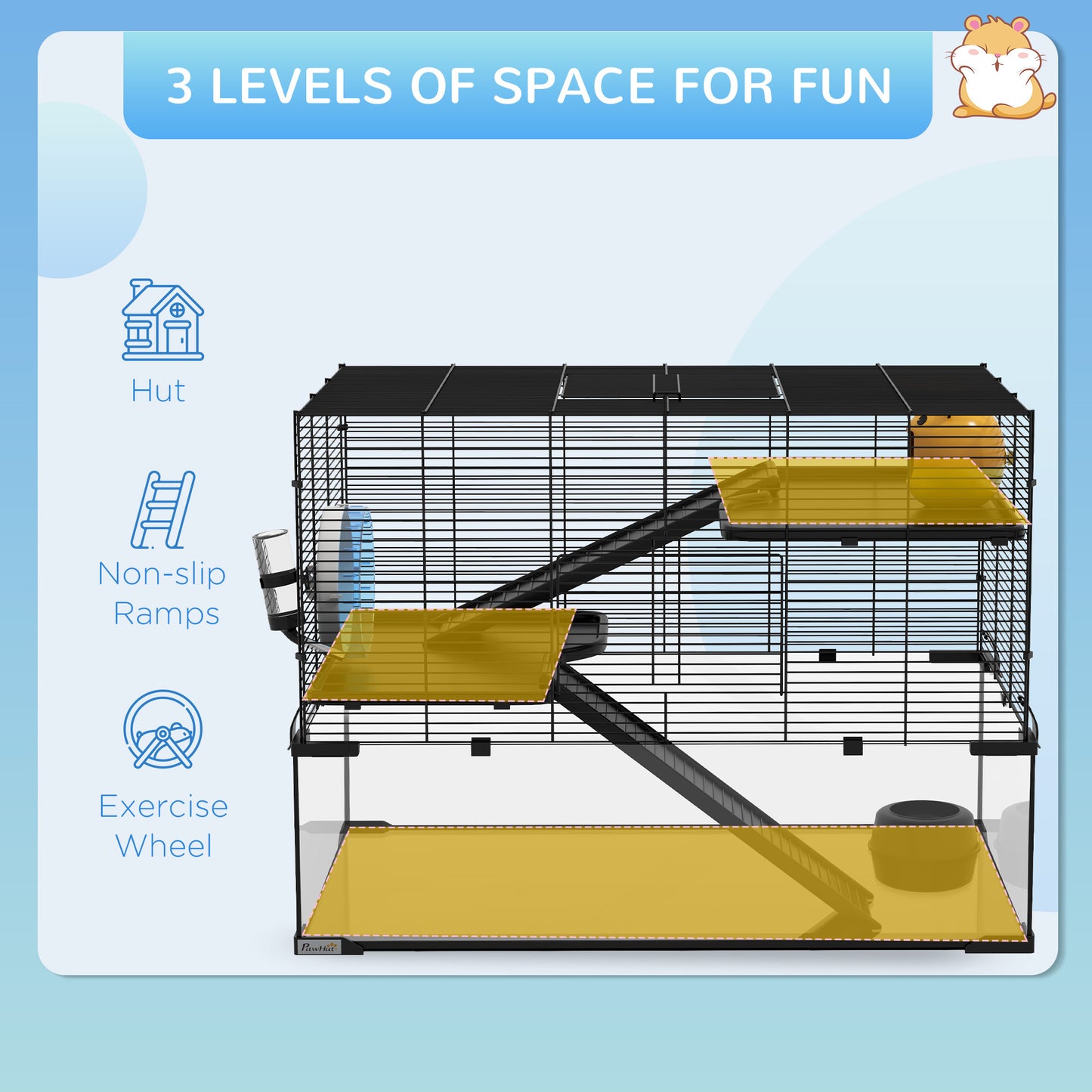 PawHut Hamster Cage, 31" Gerbil Cage with Glass Basin, Ramps, Platforms, Hut, Exercise Wheel, for Small Hamsters, Black