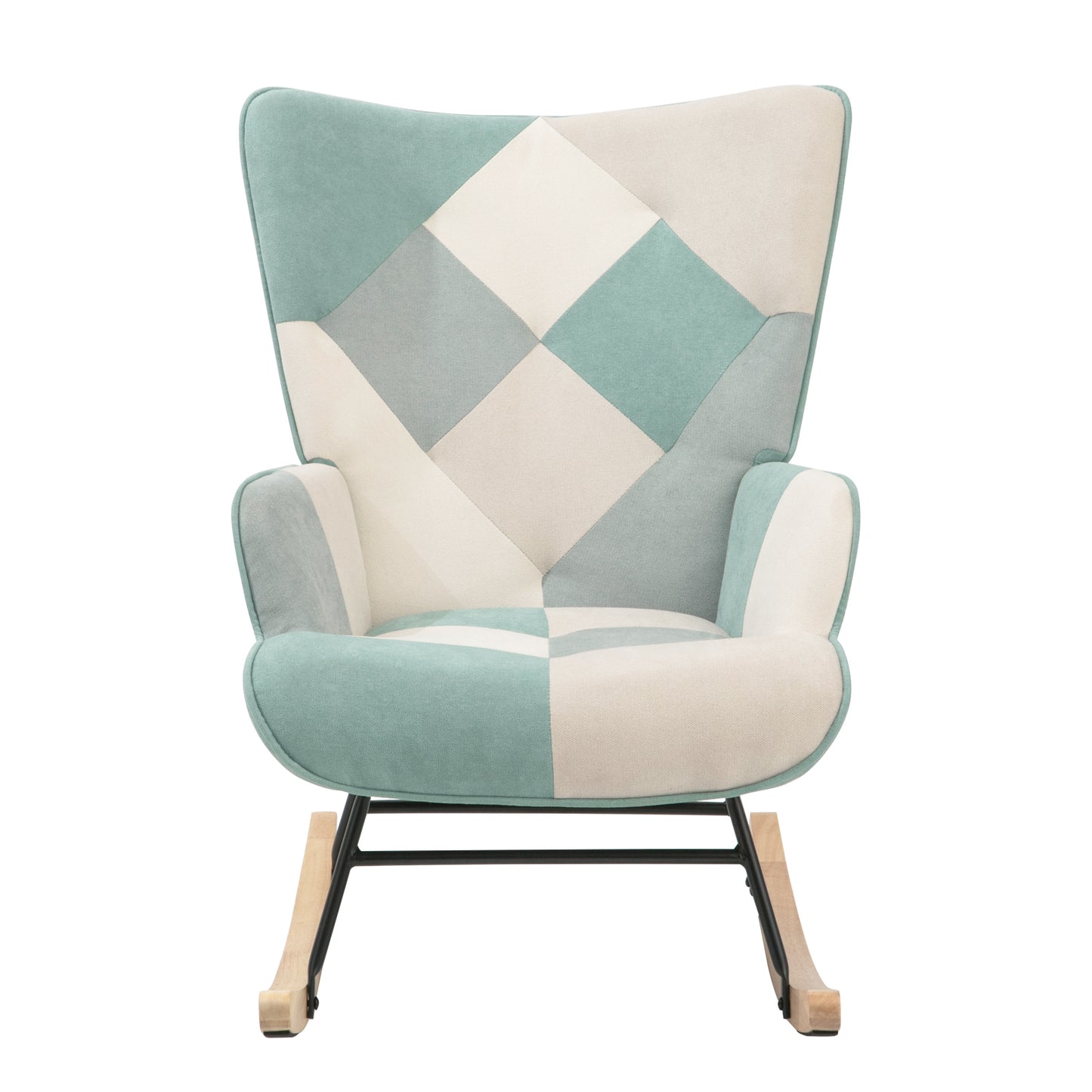 Accent Rocking Chair, Mid Century Fabric Rocker Chair with Wood Legs and Patchwork Linen for Livingroom Bedroom