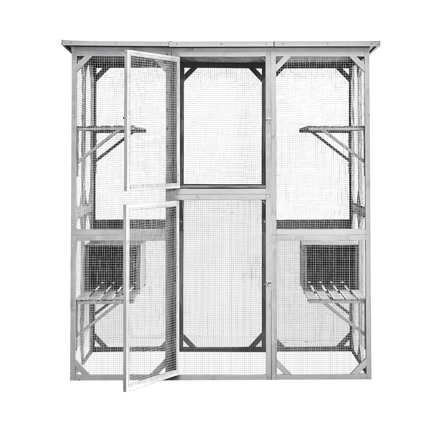 Catio Outdoor Cat Enclosure with Roof 72" Height Cat Wooden House Large Cat Cage with 3 Jumping Platforms and 2 Napping Houses for Cat Activity (Grey)