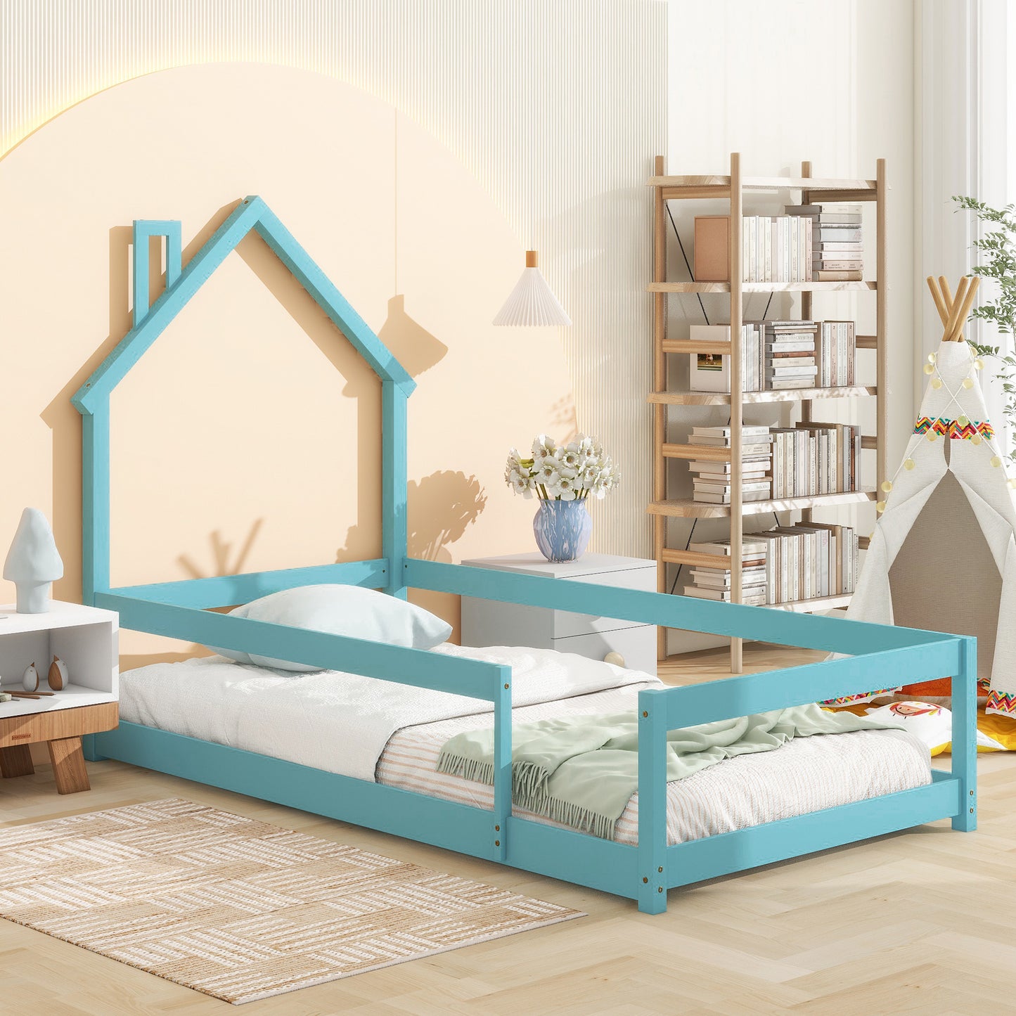 Twin Size Wood bed with House-shaped Headboard Floor bed with Fences,Light Blue