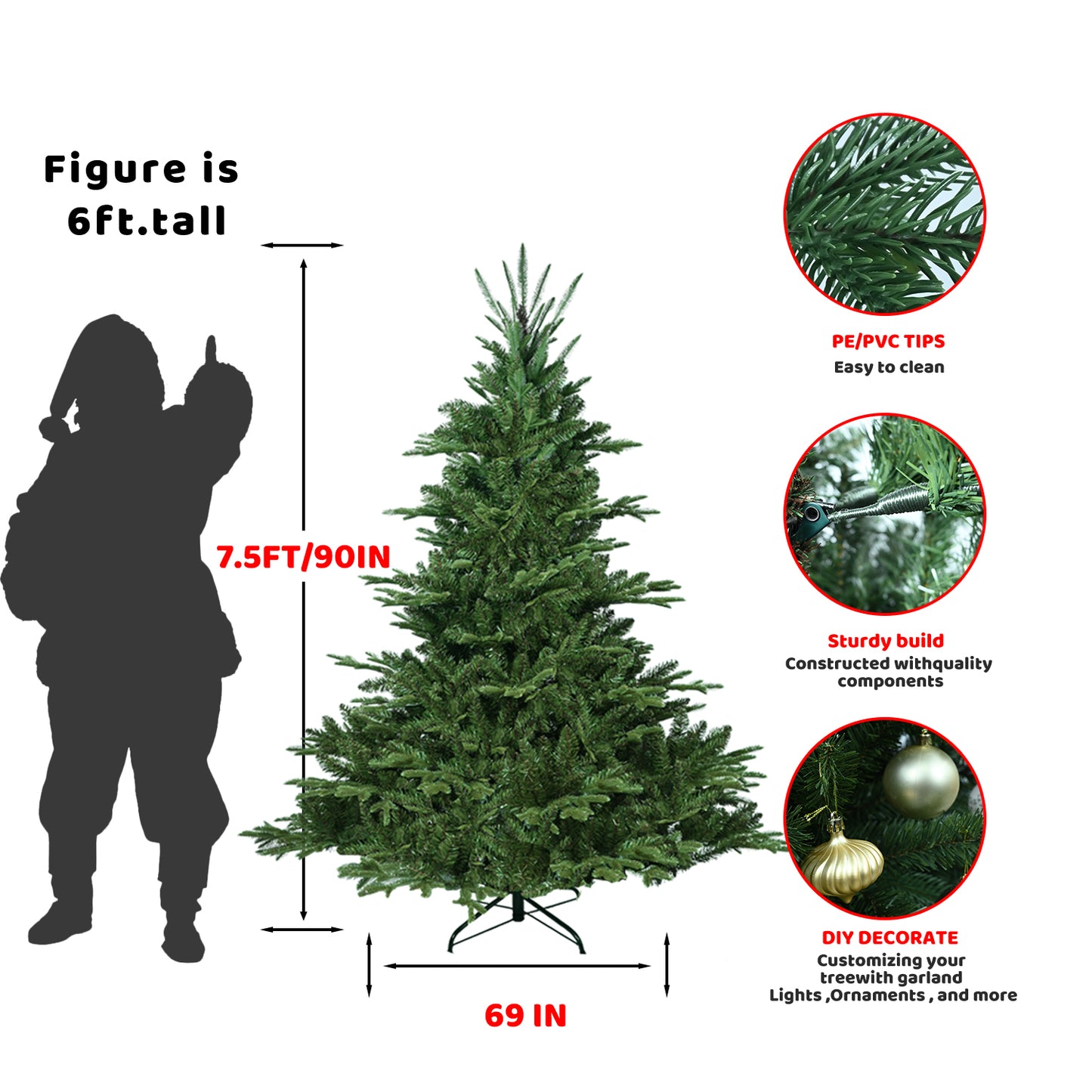 7.5FT Christmas Tree Simulate Nature Advanced Materials Premium Hinged Spruce Artificial Douglas Firs Tree, Christmas Holiday Party Atmosphere Decoration New Year Celebration PE Xmas Tree