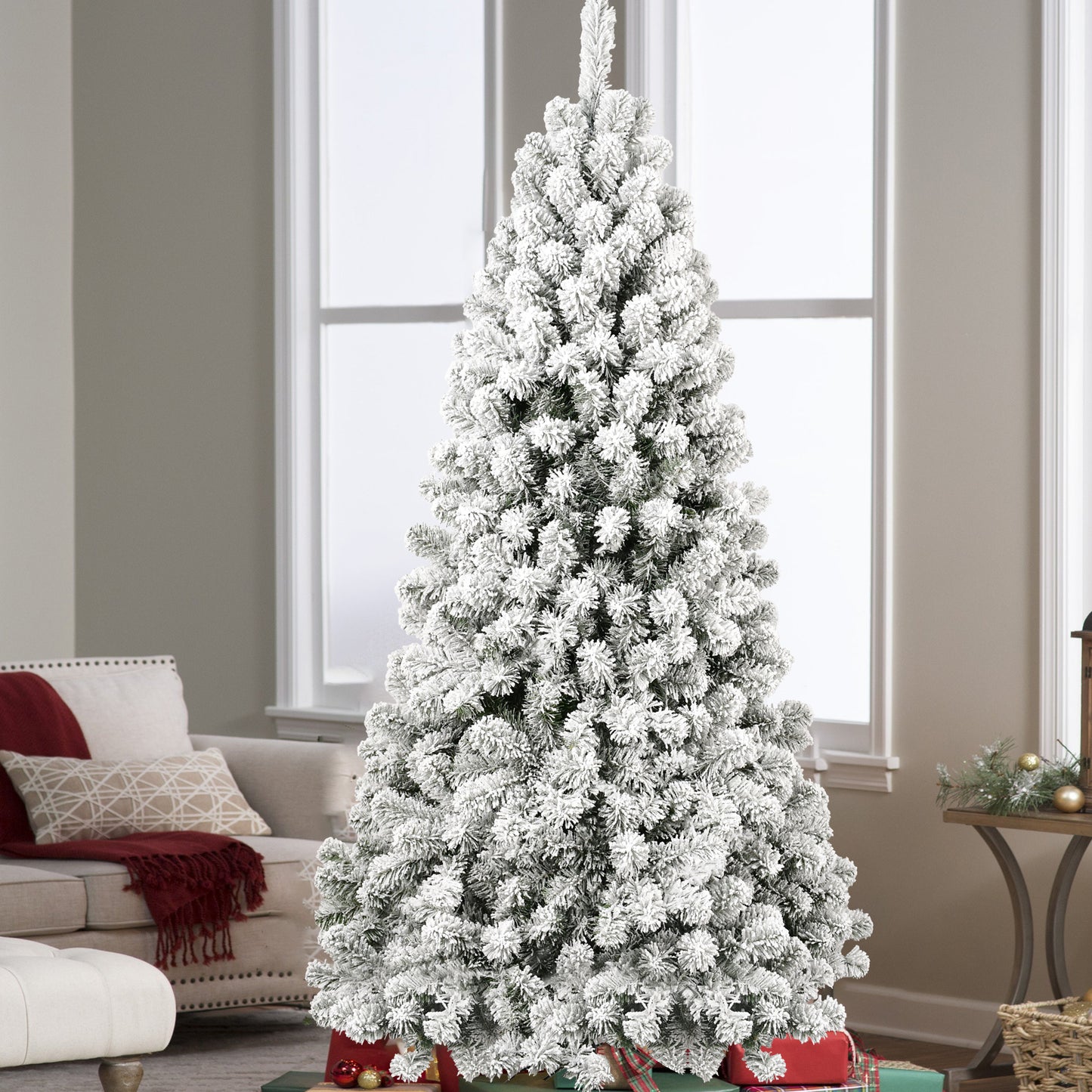 7FT Pre-lit Flocked Christmas Tree with 1,064 Memory Wire Tips – Effortlessly Fluffed, Perfectly Shaped, and Lit with 400 Warm  Incandescent Lights Bringing Lasting Elegance and Wase to Your Holiday