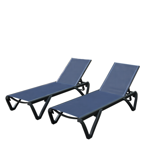 Outdoor Lounge Chair, 2 Pieces Aluminum Plastic Patio Chaise Lounge with 5 Position Adjustable Backrest and Wheels, All Weather Reclining Chair for Patio, Navy Blue