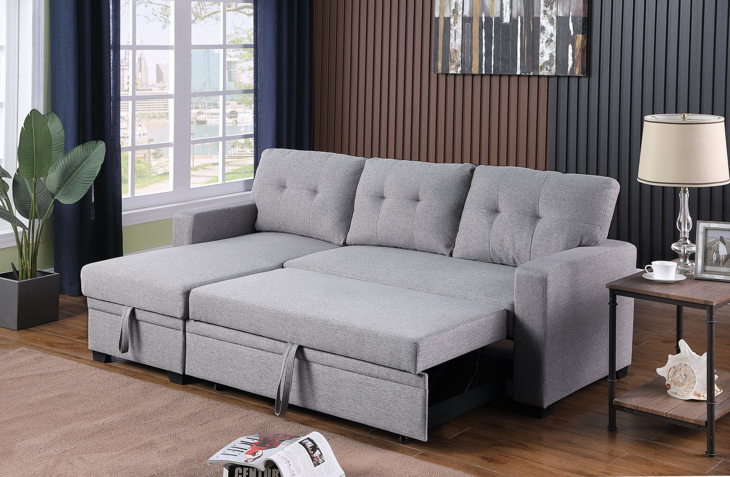 [SantaChoice] Upholstered Pull out Sectional Sofa with Chaise