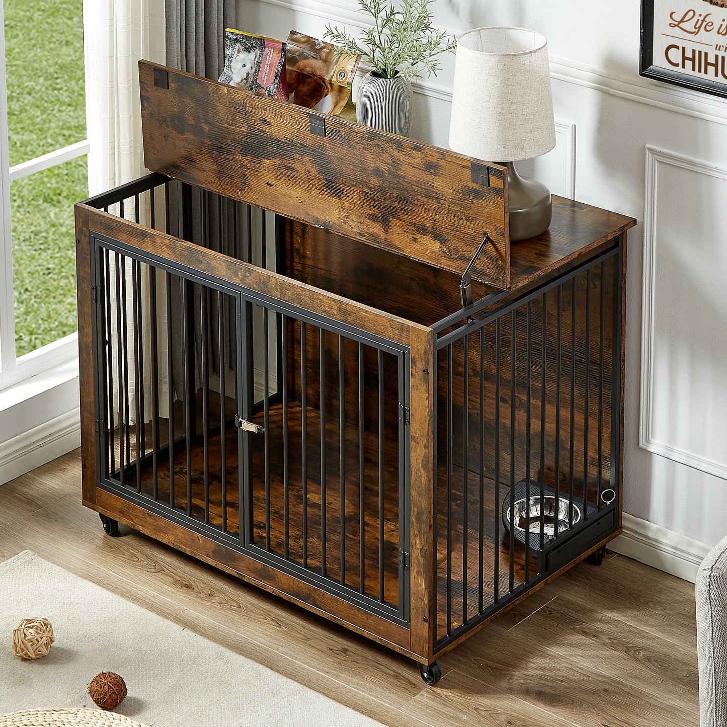 Furniture Style Dog Crate Side Table With Rotatable Feeding Bowl, Wheels, Three Doors, Flip-Up Top Opening. Indoor, Rustic Brown, 43.7"W x 30"D x 33.7"H