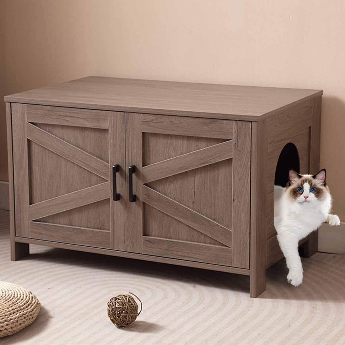 Cat Litter Box Enclosure, Litter Box Furniture Hidden with Barn Door, Wooden Cat Washroom Furniture, Cat House, End Table, Fit Most of Litter Box, Greige