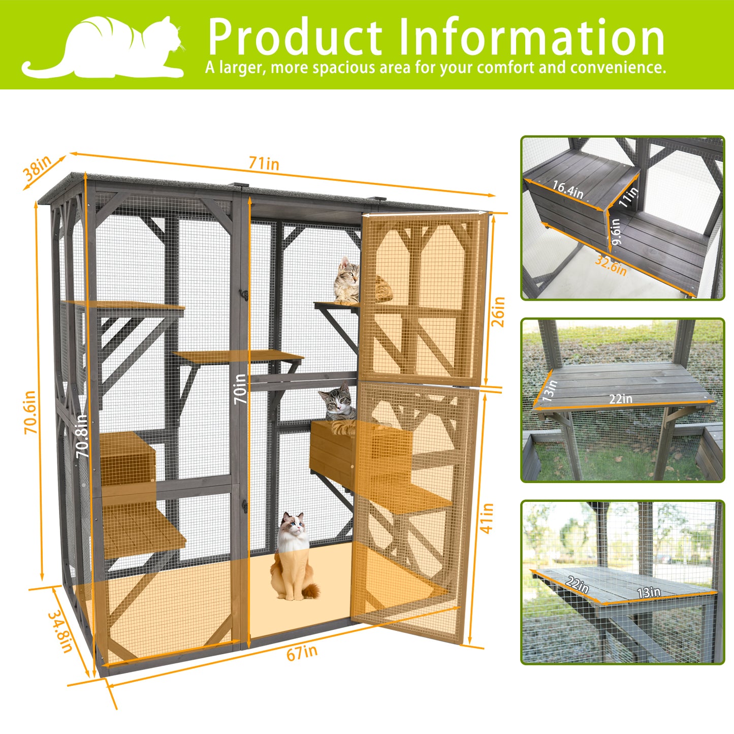 Catio Outdoor Cat Enclosure Cat Catio Cat House, Cat Cage Condo Indoor Playpen Kitty House Shelter with Multi Platforms, Waterproof Roof, Pull-Out Tray (71.3" L x 38.4" W x 70.7" H)