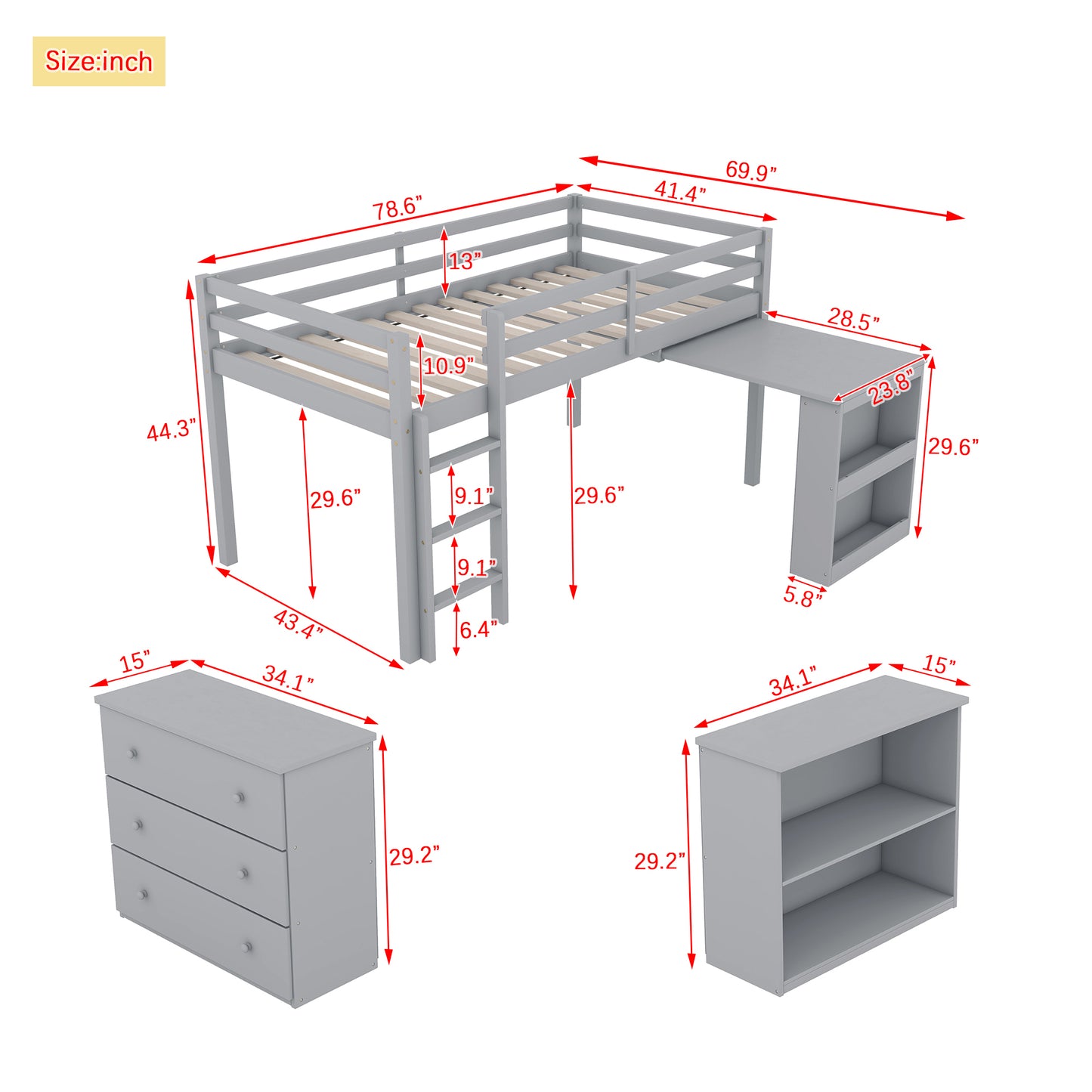 Twin Loft Bed with ,Drawer Cabinet, Shelf Cabinet and Pulling -Out Desk,Rubber Wood Loft Bed with Safety Guardrail ,Ladder,Grey