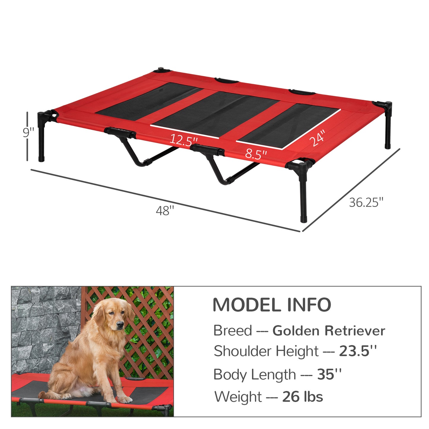 PawHut 48" x 36" Elevated Breathable Dog Bed Portable Pet Cot w/ Carry Bag Metal Frame Breathable Mesh Indoor and Outdoor Red