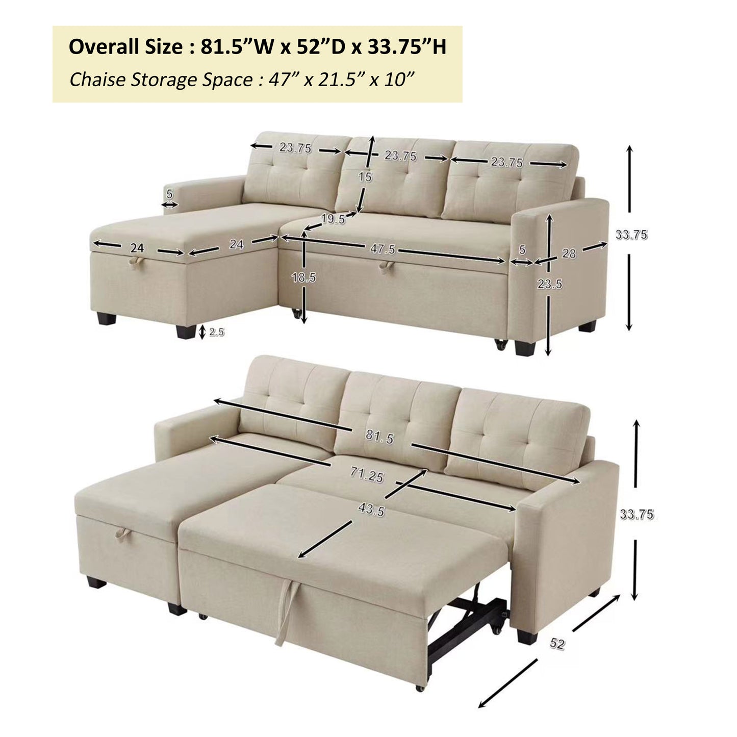 [SantaChoice] Upholstered Pull Out Sectional Sofa with Storage Chaise, Convertible Corner Couch, Beige