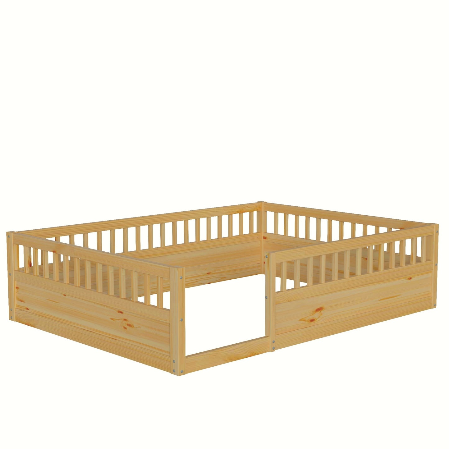 Full Floor Bed Frame with Fence, Wood Kids Floor Beds Frame for Bedroom Playroom,Natural(Expect arrive date Jul. 10th)