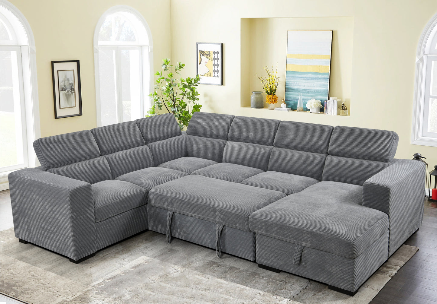 [SantaChoice] 123" Oversized Modern U-Shaped 7-seat Sectional Sofa Couch with Adjustable Headrest, Sofa Bed with Storage Chaise,Pull Out Couch Bed for Living Room ,Dark Gray