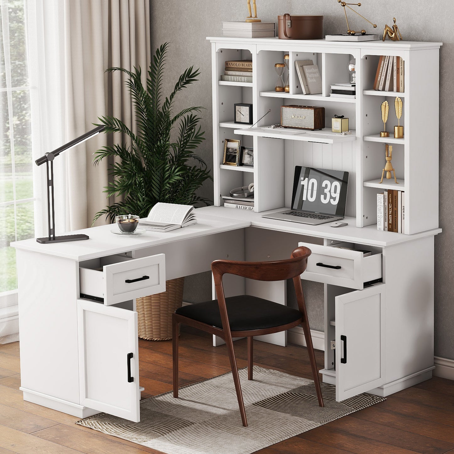 L-shaped computer desk with 2 cabinets and 2 drawers underneath the table, 11 open shelves and a flip-up shelf with storage on the right side, suitable for study, living room and office, White