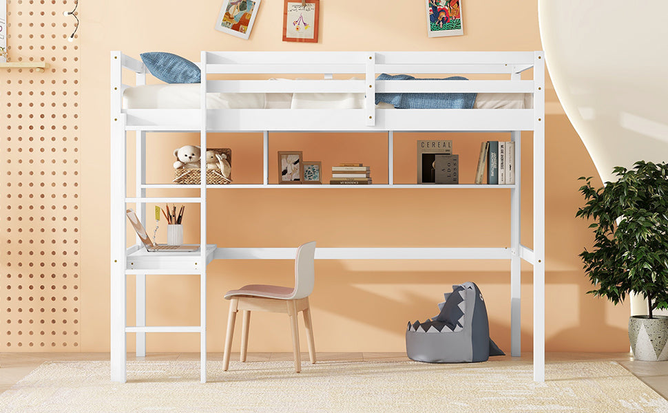 Twin Size Loft Bed with desk and shelves, Safety Guardrail and ladder,White