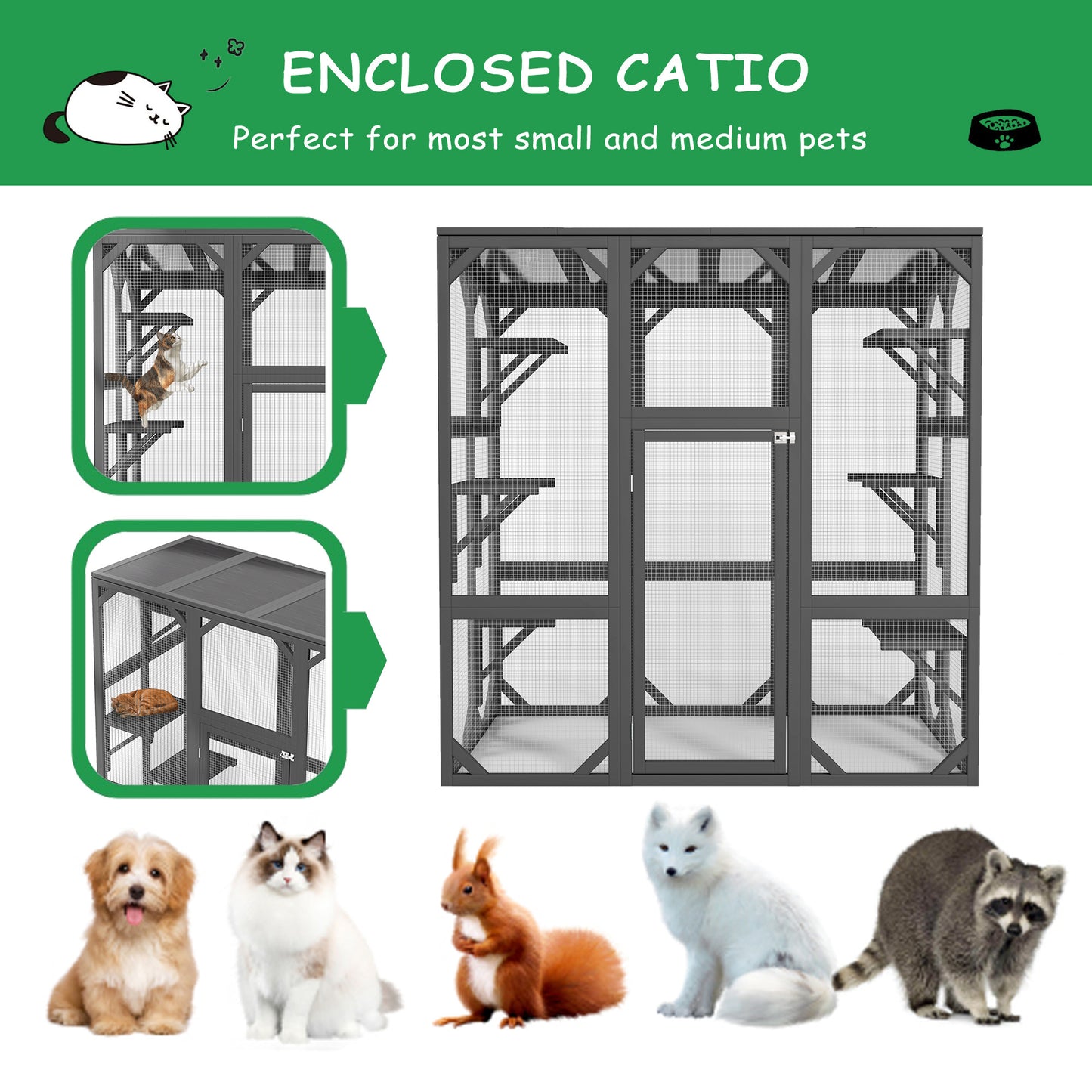 Catio Outdoor Cat Enclosure Cat House Wooden Cat Cage Large Feral Cat Shelter for Mulitiple Cats with Six Platforms, Large Enter Door, Waterproof Roof 60" Grey