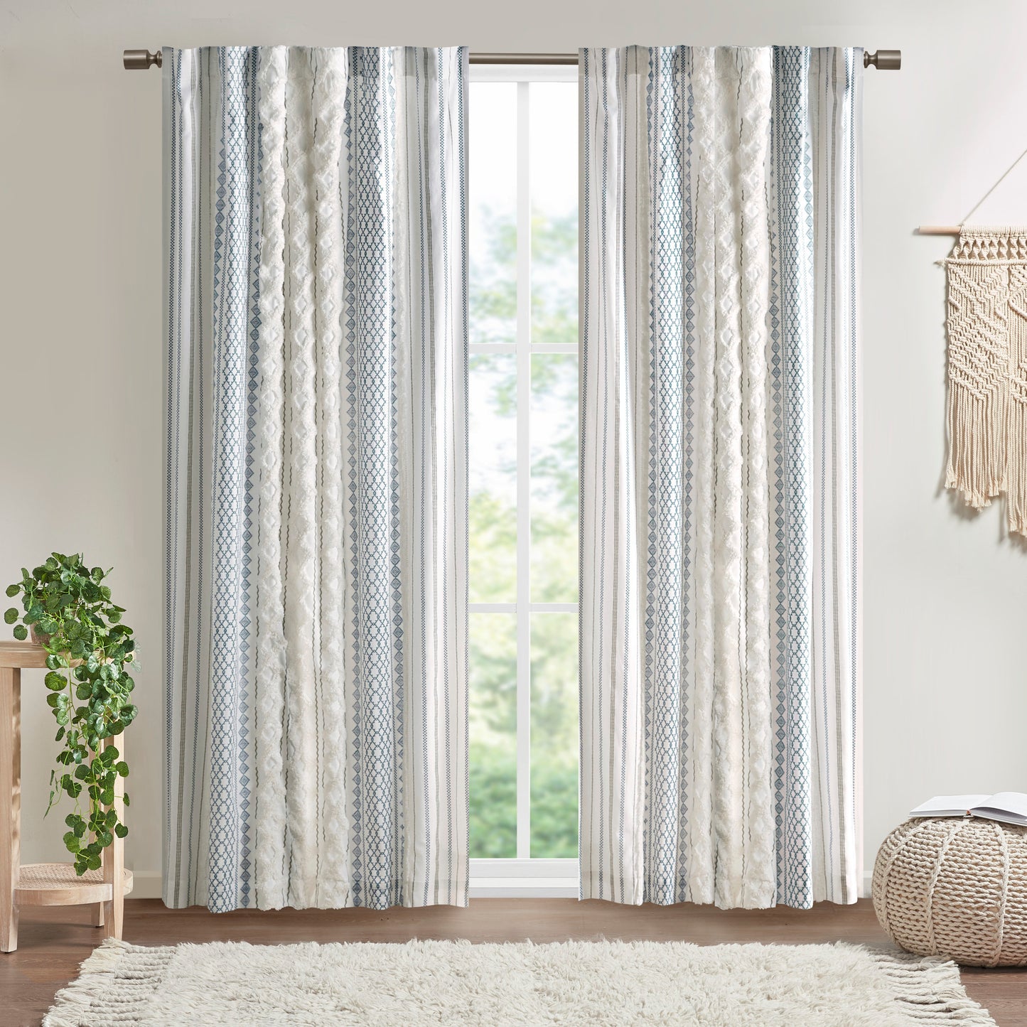 Cotton Printed Curtain Panel with Chenille Stripe and Lining 50x108'