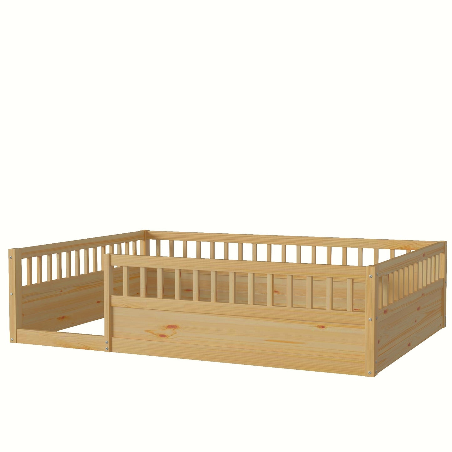 Full Floor Bed Frame with Fence, Wood Kids Floor Beds Frame for Bedroom Playroom,Natural(Expect arrive date Jul. 10th)