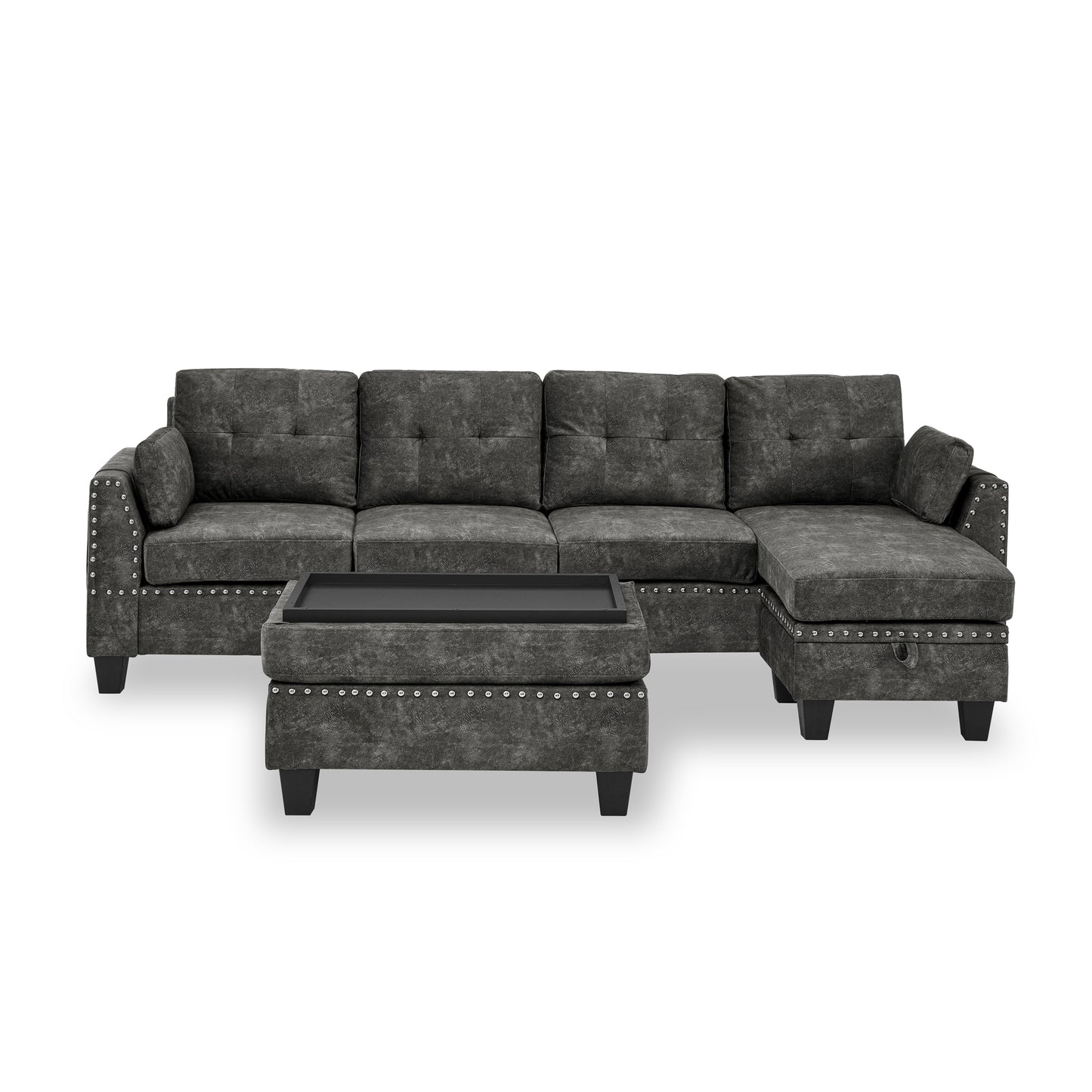 Sectional 3-Seaters Sofa ,Double-sided multi-functional footstool, storage mat , Non-slip leg, two pillows, Velvet, Dark grey