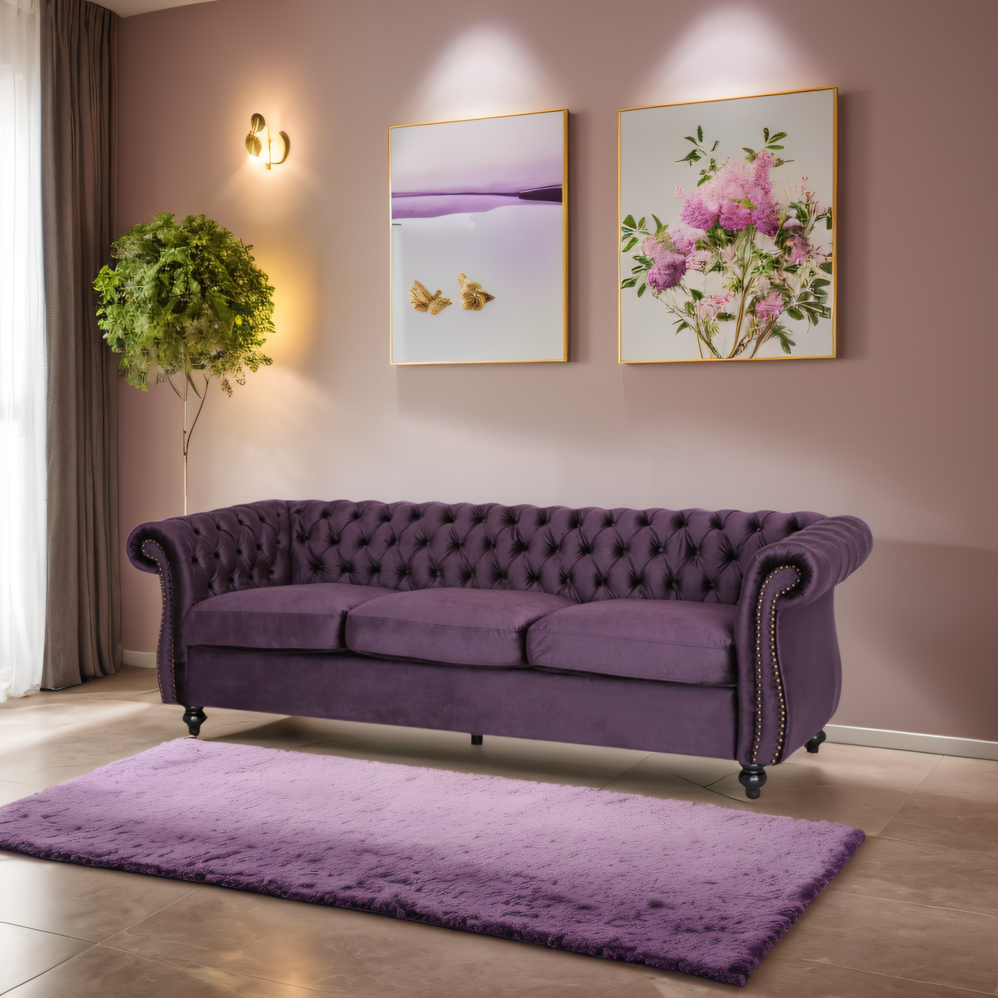 [SantaChoice] Luxurious 3-Seater Purple Velvet Sofa, Featuring a Classic Design with Modern Elegance, Perfect for Adding Sophistication and Style to Any Living Room, Plush Comfort and Durable Craftsmanship