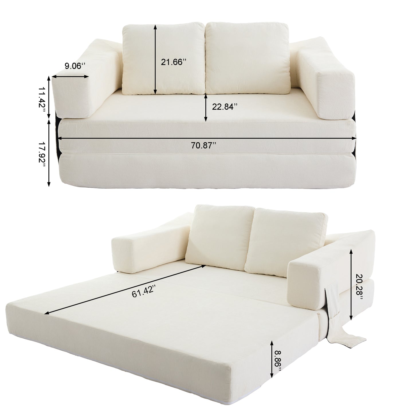 [SantaChoice] Modern Minimalist Sofa, Fold-Out Sofa Bed, Convertible Chair Floor Couch & Sleeping Mattress for Living room, Bedroom, Apartment, Removable Backrest, White