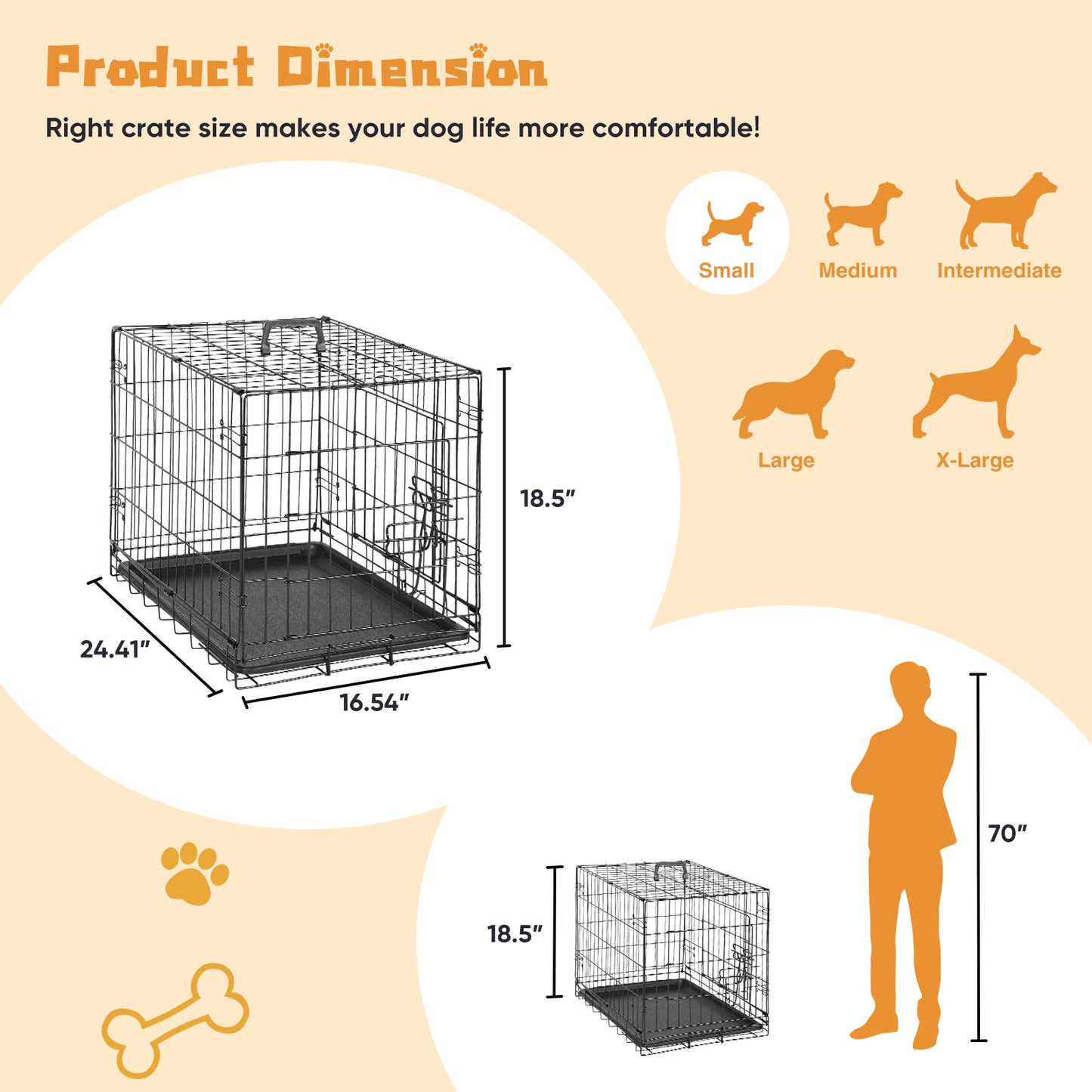 Dog Crate with Divider Panel,24 Inch Double Door Folding Metal Wire Dog Cage with Plastic Leak-Proof Pan Tray, Pet Kennel for Indoor