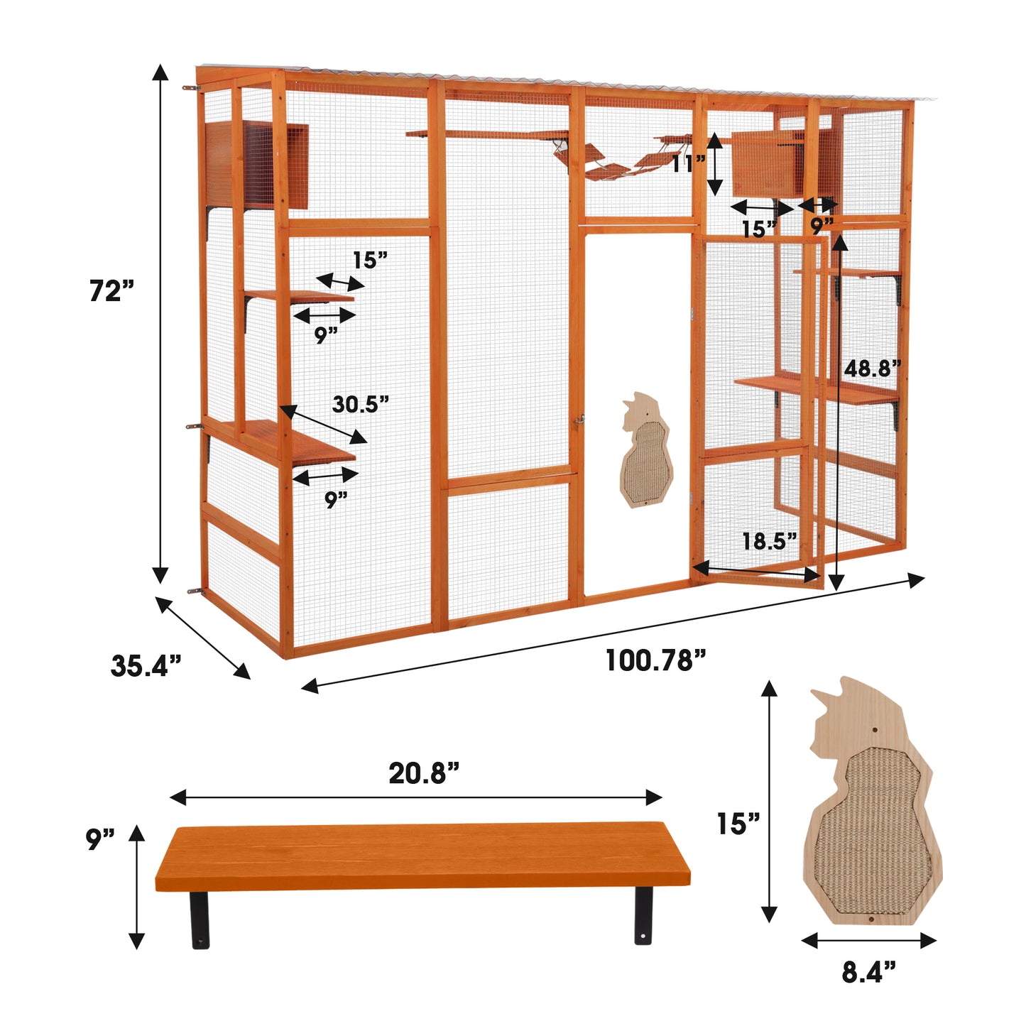 Wooden Cat Enclosure with 6 Jumping Platforms, 2 Cat Condos, Cat Bridge and Scratching Board, Orange