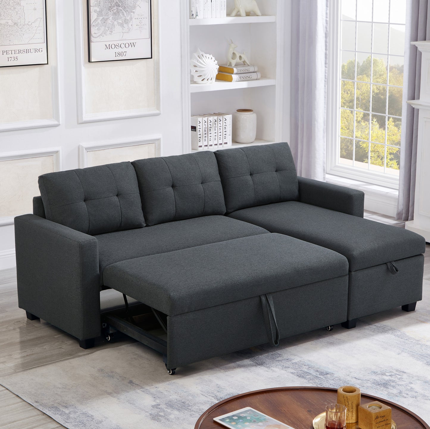 [SantaChoice] Upholstered Pull Out Sectional Sofa with Storage Chaise, Convertible Corner Couch, Dark Grey