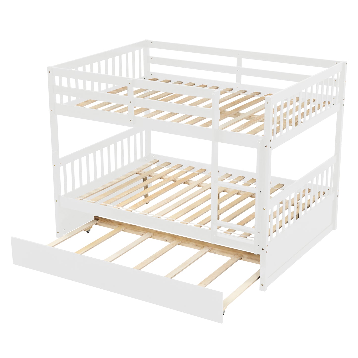 Full Over Full Bunk Bed with Trundle, Convertible to 2 Full Size Platform Bed, Full Size Bunk Bed with Ladder and Safety Rails for Kids, Teens, Adults,White(New Sku:W504S00212)