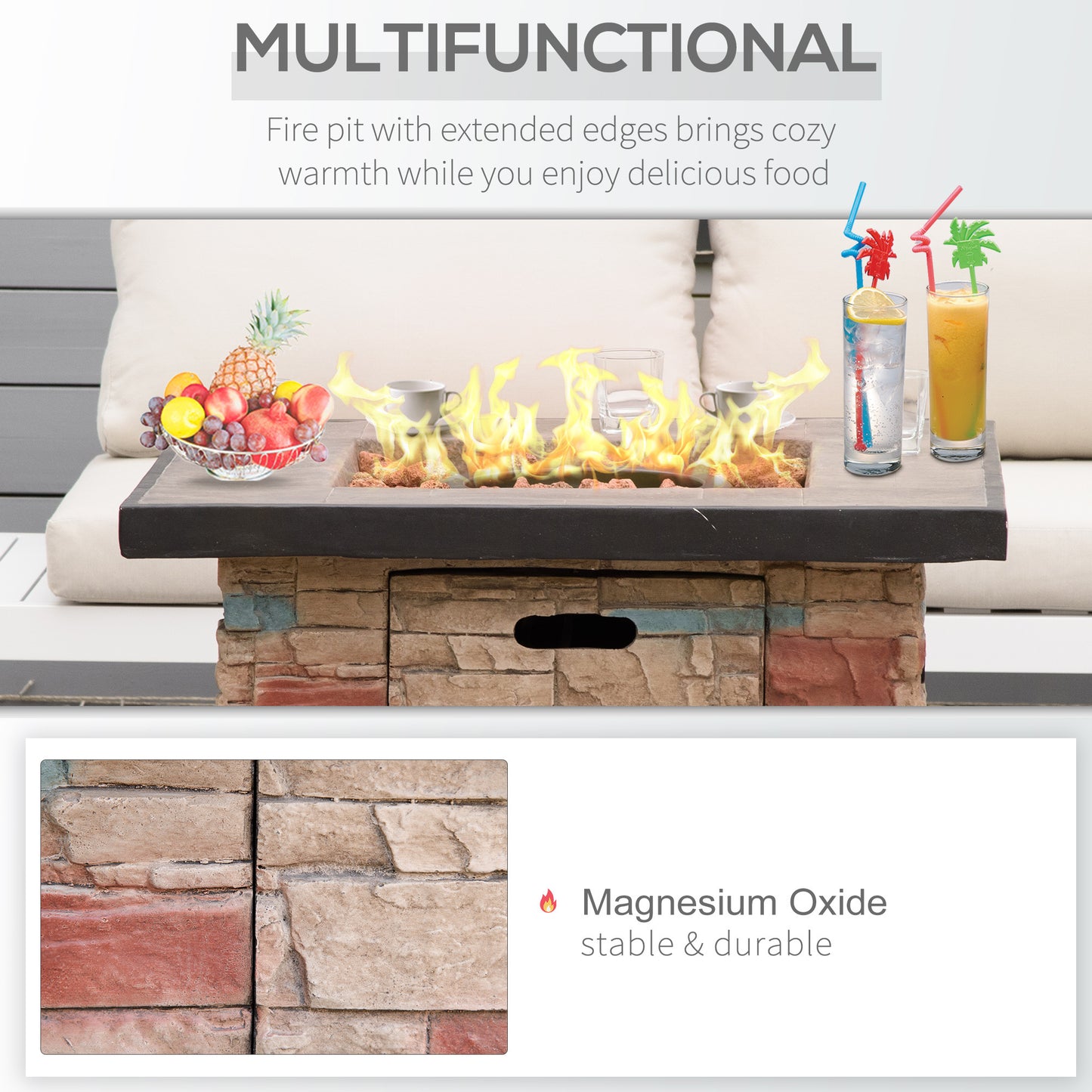 Outsunny 32 Inch Outdoor Propane Gas Fire Pit Table, 50,000 BTU Auto-Ignition Square Faux Ledge Stone Gas Firepit with Lava Rocks and Rain Cover, CSA Certification, Brown