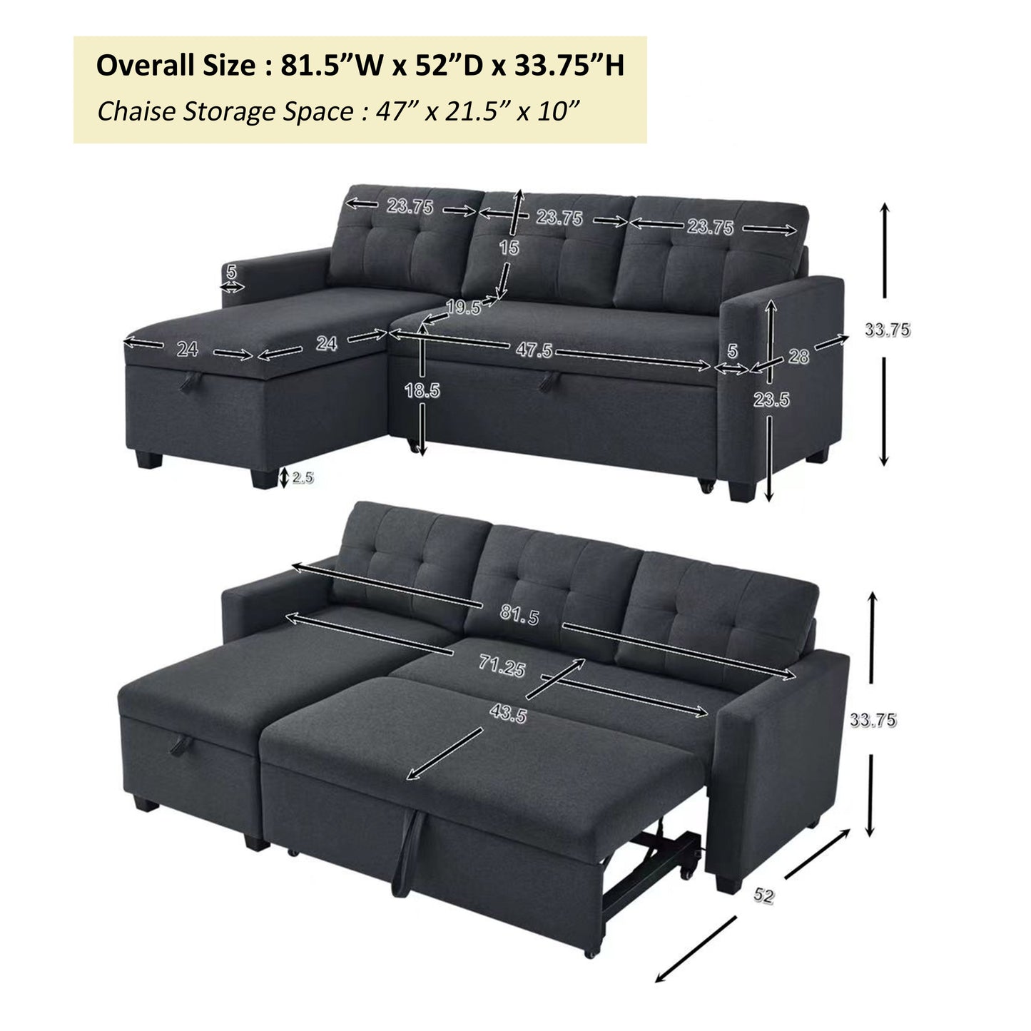 [SantaChoice] Upholstered Pull Out Sectional Sofa with Storage Chaise, Convertible Corner Couch, Dark Grey