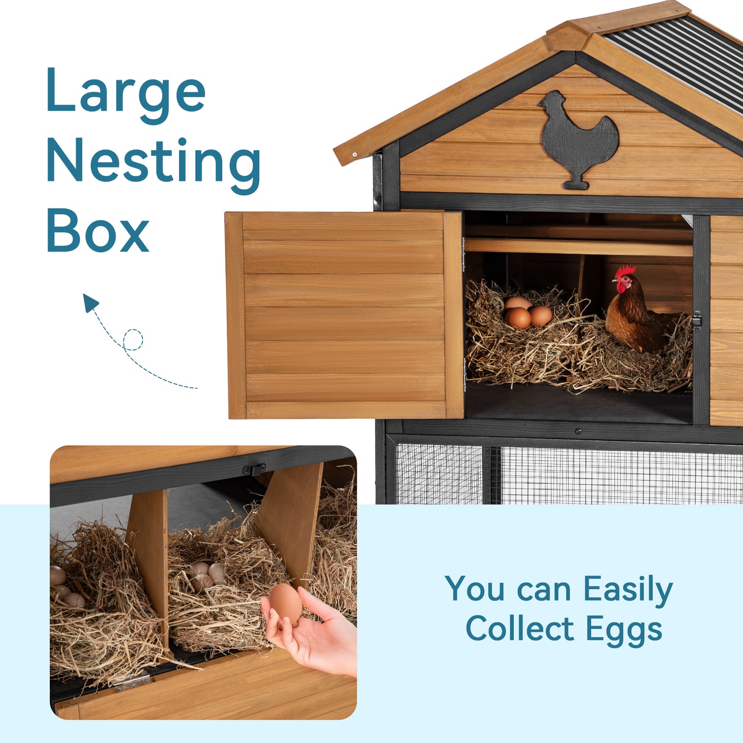 Durable Wood and Iron Chicken Coop with Runway and Waterproof Roof, Suitable for 5-7 Chickens, Built-in Nesting Box