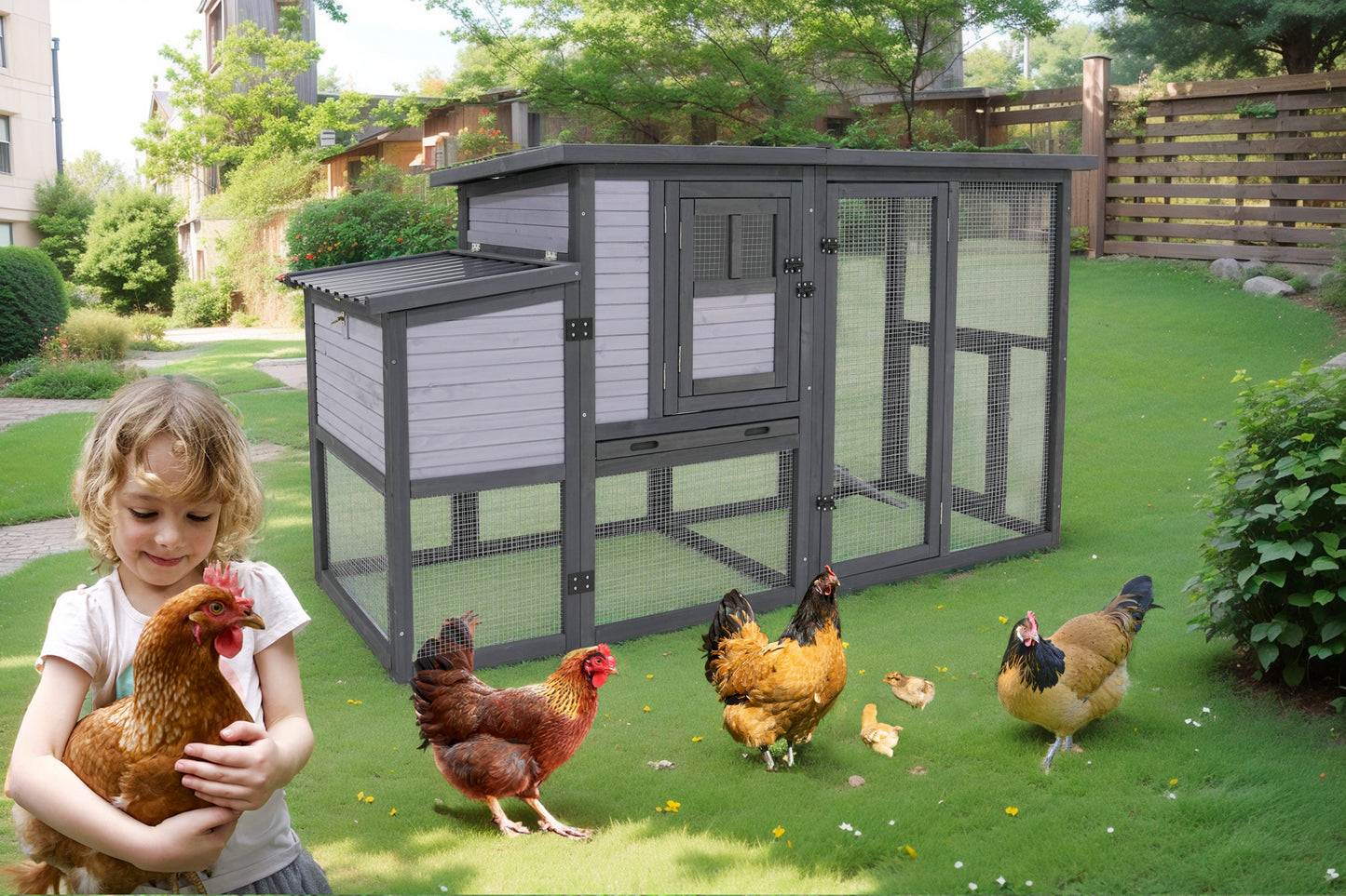 79"Large Chicken Coop with Upgraded Perches, Wooden Outdoor Chicken Cage with Large Nesting Box, Weatherproof Open Asphalt Roof &Removable Bottom, Duck House, Rabbit Hutch