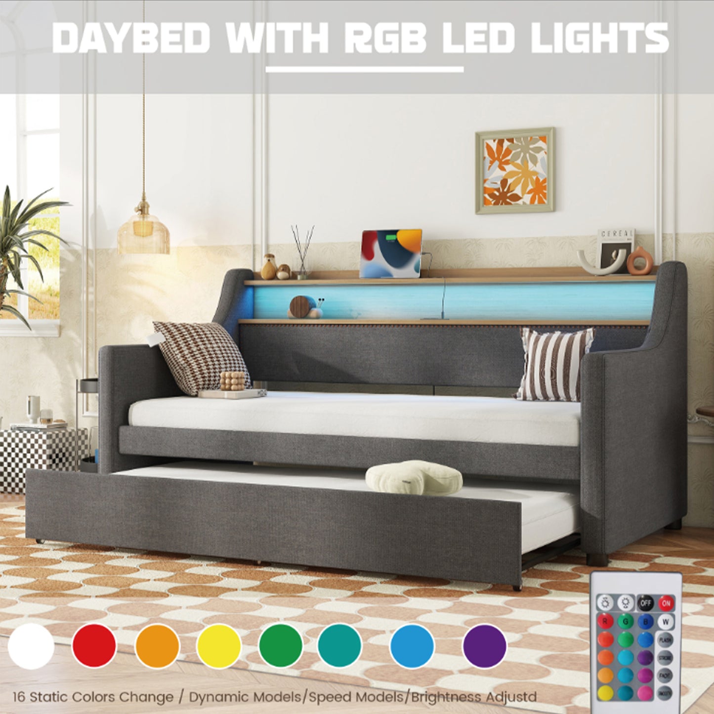 Twin Size Daybed with Trundle Bed, Upholstered Daybed with Charging Station and LED Lights, Gray