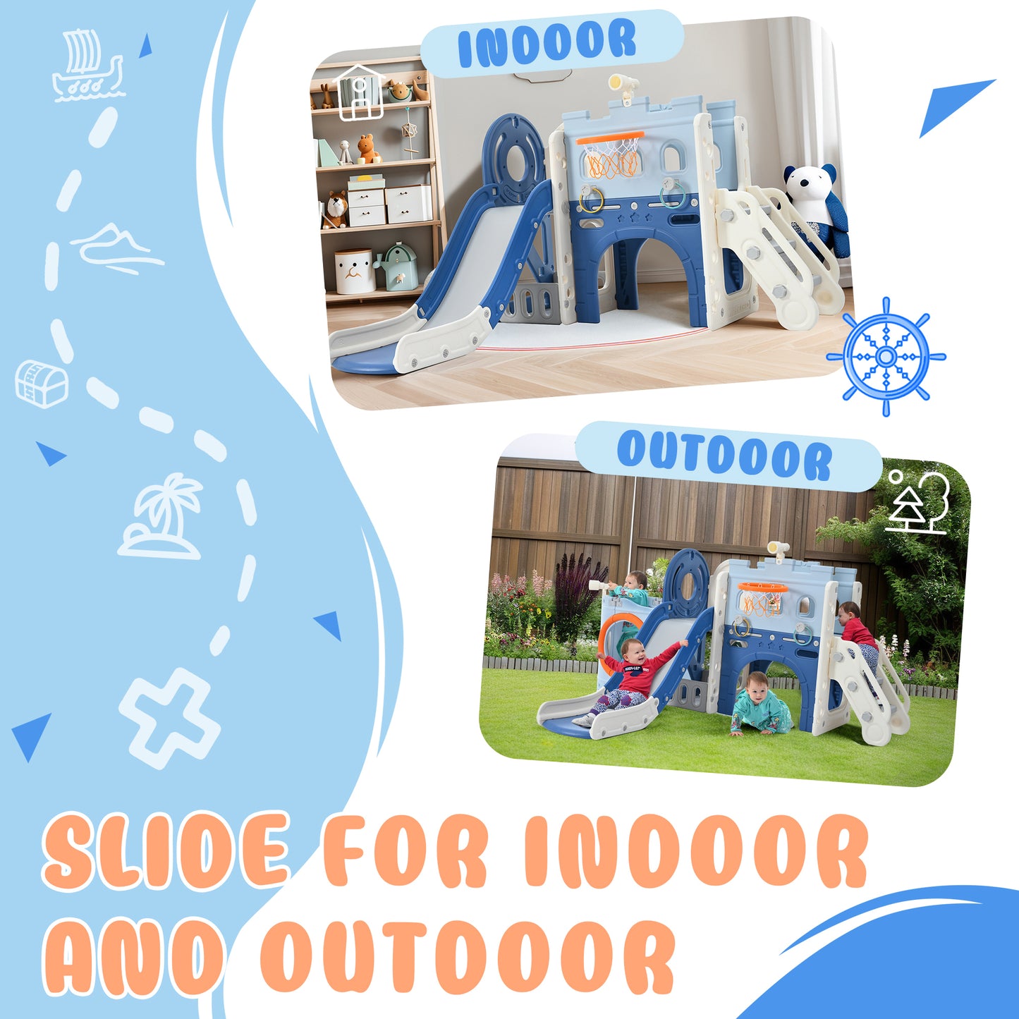 9-1 Toddler Slide Set,Kids Slide for Toddlers Ages 1+, Basketball Hoop, Tunnel and Storage Space, Pirate Ship Themed Slide Indoor& Outdoor