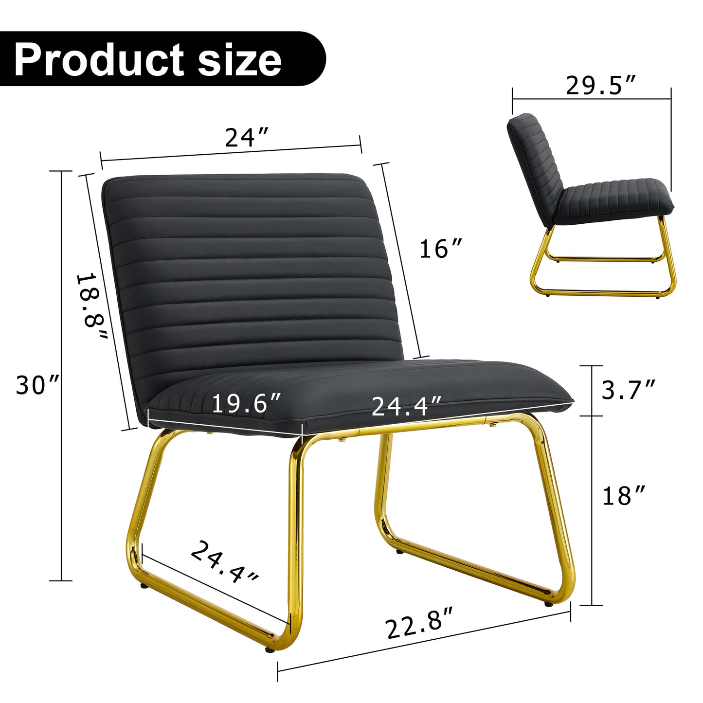 [SantaChoice] Black minimalist armless sofa chair with PU backrest and golden metal legs, suitable for offices, restaurants, kitchens, and bedrooms