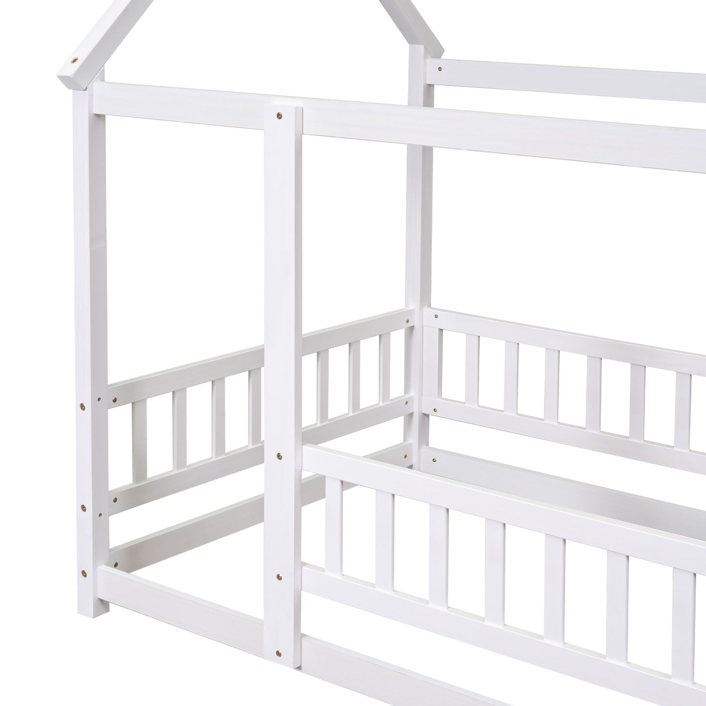 Twin Size Floor Wooden Bed with House Roof Frame, Fence Guardrails,White(Old SKU:W50471472)