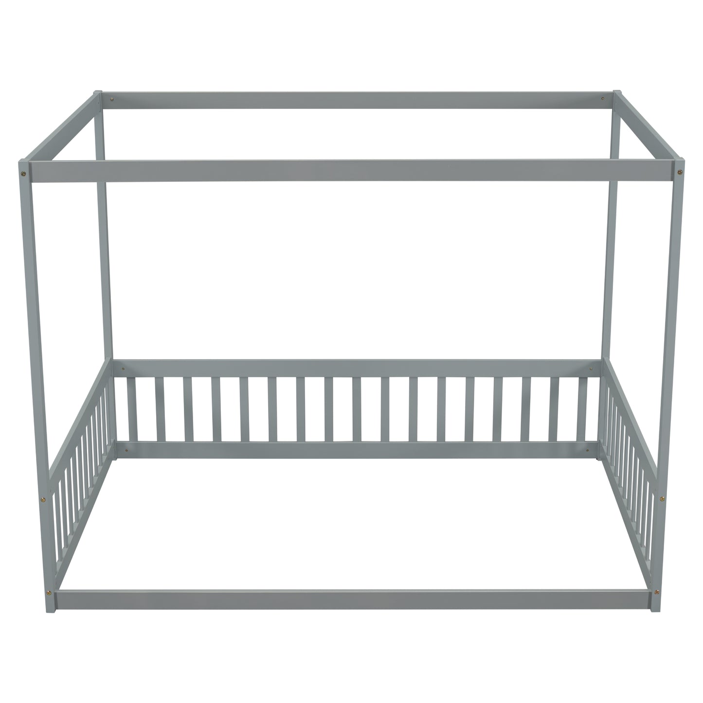 Full Size Canopy Frame Floor Bed with Fence, Guardrails,Grey