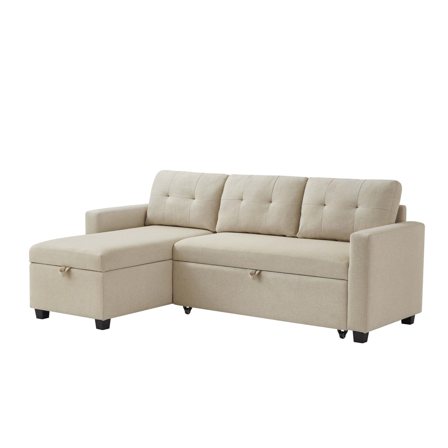 [SantaChoice] Upholstered Pull Out Sectional Sofa with Storage Chaise, Convertible Corner Couch, Beige