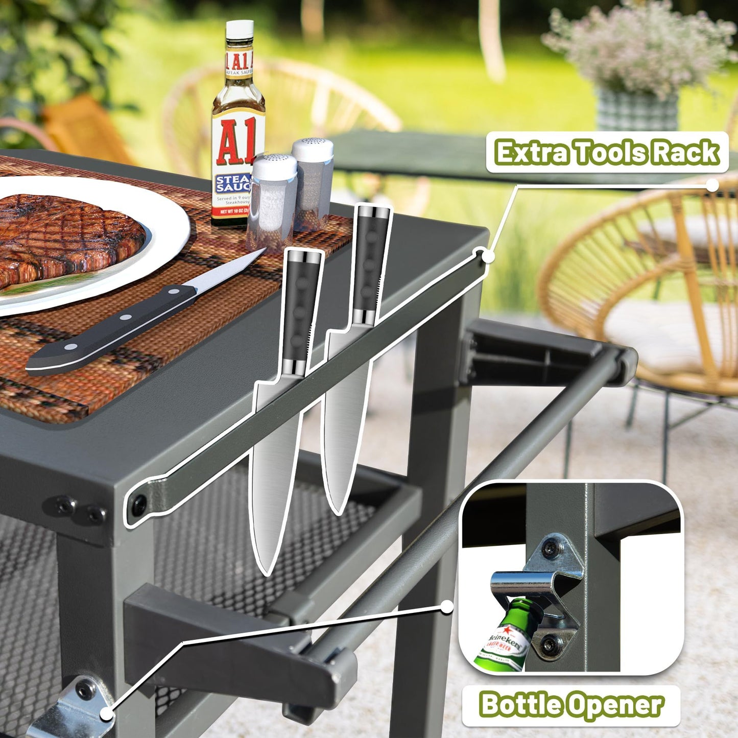 3-Shelf Outdoor Grill Table, Grill Cart Outdoor with Wheels, Pizza Oven Table and Food Prep Table, Blackstone Table with Propane Tank Hook, Grill Stand for Blackstone Griddle for Outside BBQ