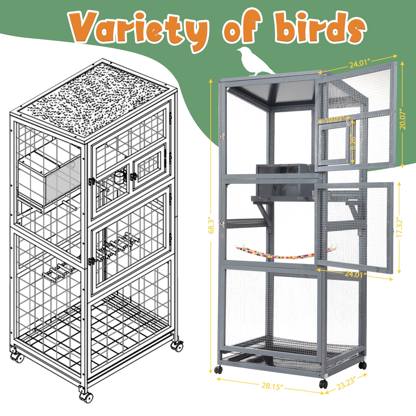 Wood Bird Cage with Universal Wheels-Gray