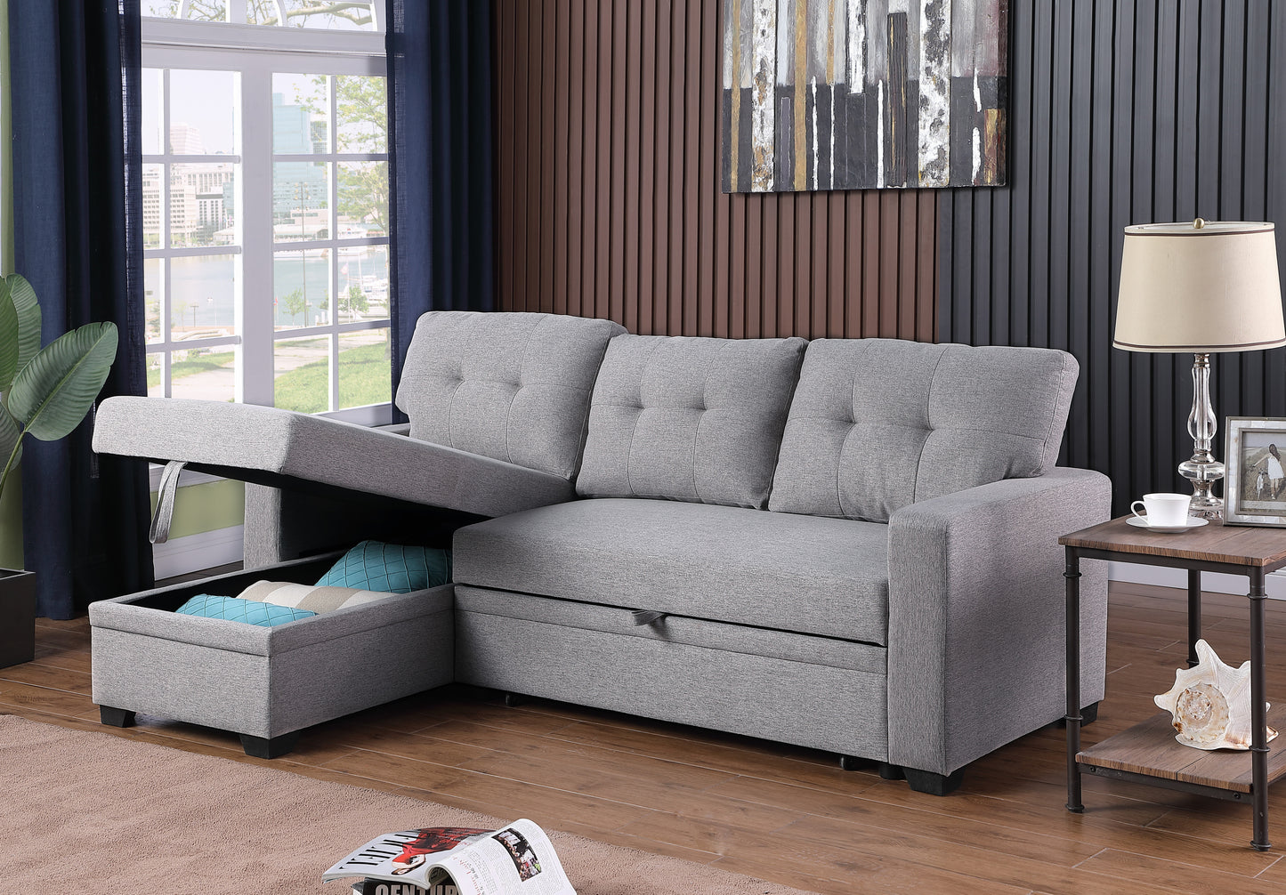 [SantaChoice] Upholstered Pull out Sectional Sofa with Chaise