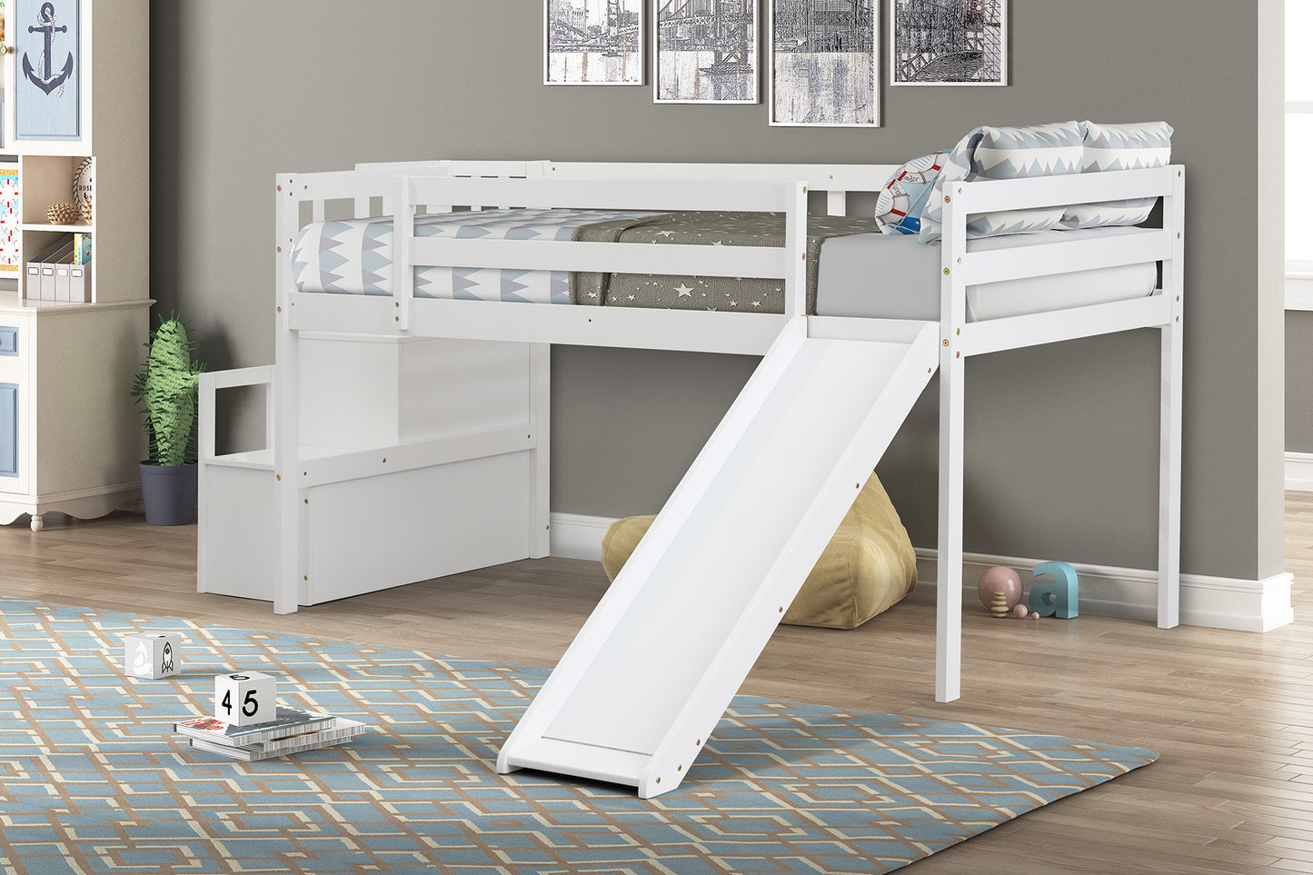 Loft Bed with Staircase, Storage, Slide, Twin size, Full-length Safety Guardrails, No Box Spring Needed, White (Old Sku:W504S00004)